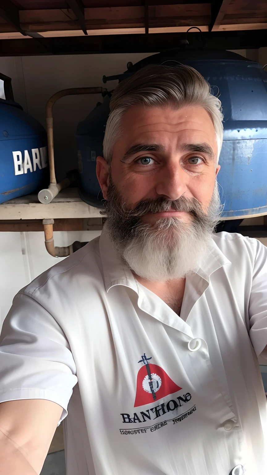 there is a man with a beard and a white shirt, overalls and a white beard, barba branca curta, real life photo of a syrian man, cabelos brancos e barba branca, imagem de perfil, barba branca completa, barba e cabelo brancos arrumados, barba branca, old charismatic mechanic, rugged ship captain, Linha Yesilbas, barba branca e espessa, In the background construction image, no fundo imagem de obra