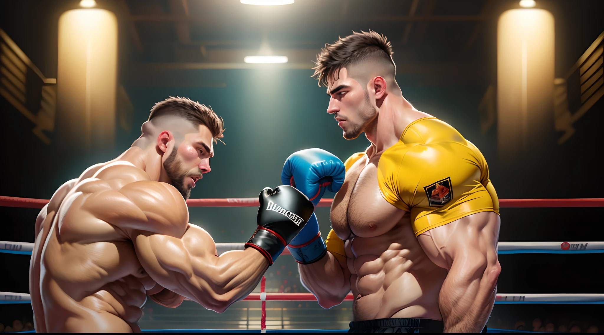 Hombre boxeador con musculos grandes guantes negros y sudadera con capota haciendo boxeo en el aire