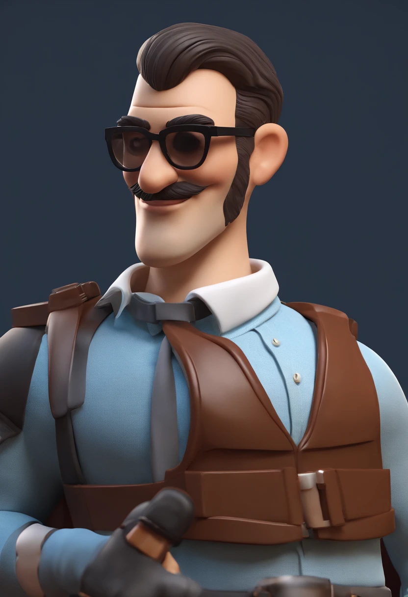 Personagem de desenho animado de um homem careca, com brinco,  Wearing rectangular black glasses , hoe uma camisa azul, um personagem animado, Caractere estilizado, animation style rendering, 3D estilizado, Arnold Maya render, 3 d render stylized, toon render keyshot, Personagem 3D, Personagem 3D, 3d rendering stylized, 3 d character render, personagem de desenho animado, Personagem de close up, Pose de personagem, (Estilo Pixar) (master part:1.2) (Bokeh) (best quality) (pele detalhada) (textura detalhada) (8k) (argila) (Cinematic lighting) (foco nítido，Senta e vaza a parte superior do corpo