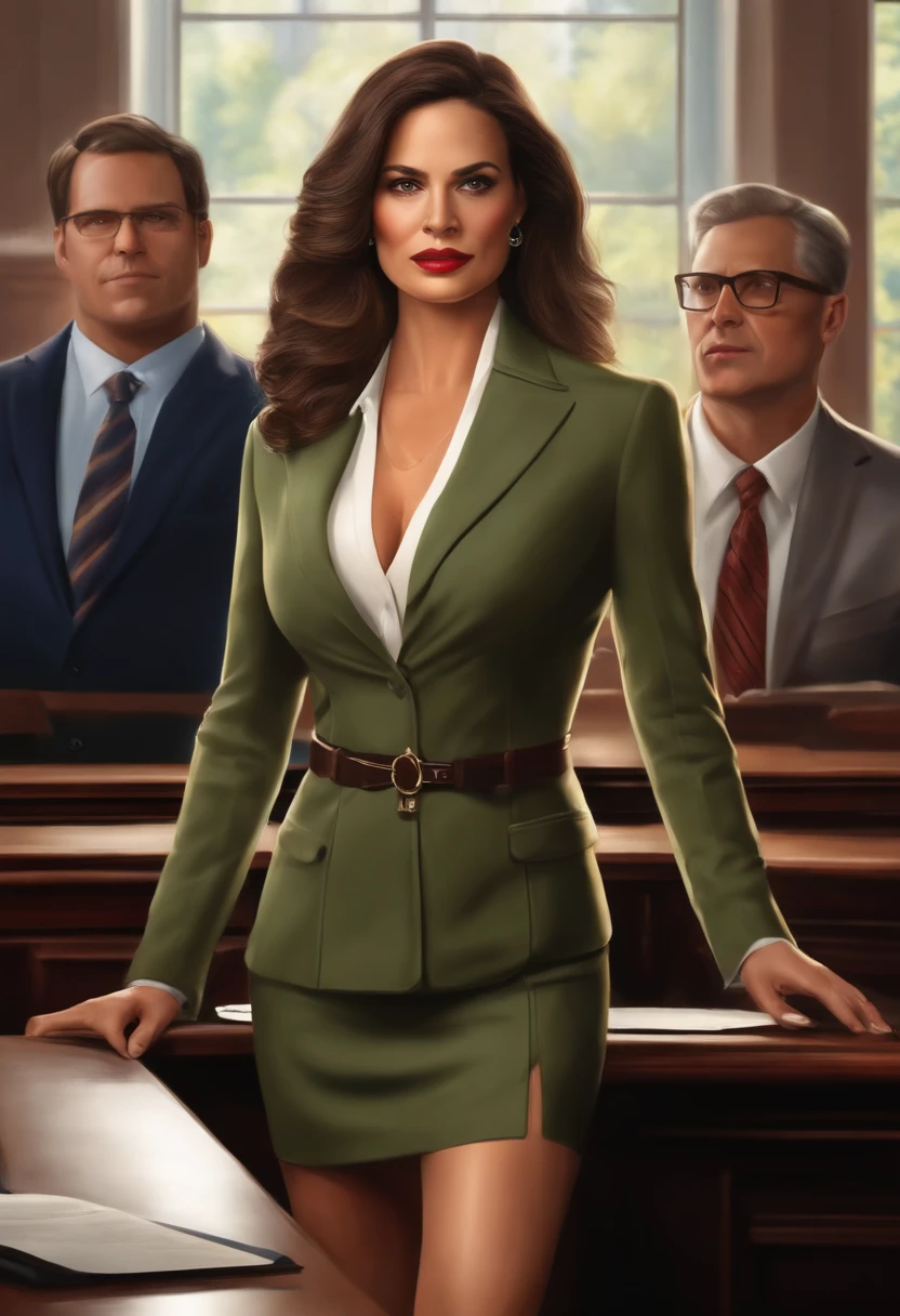 A photorealistic, visually descriptive and detailed depiction of a stunning attorney, whose miniskirt and cleavage catch the eye as she confidently presents her case in front of a jury.