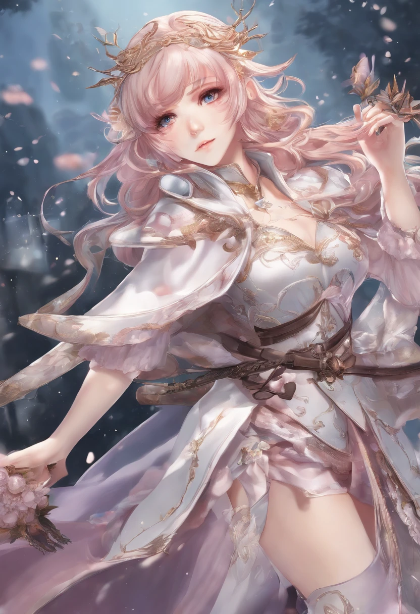 Detalhes extremos, Impeccable, Aerial view, Como uma obra de arte, anime segurando gelo e espada de neve, Cabelo rosa e saia longa roxa se complementam, olhando para a distante Ayaka Genshin, conduzindo-nos ao mundo de Genshin.