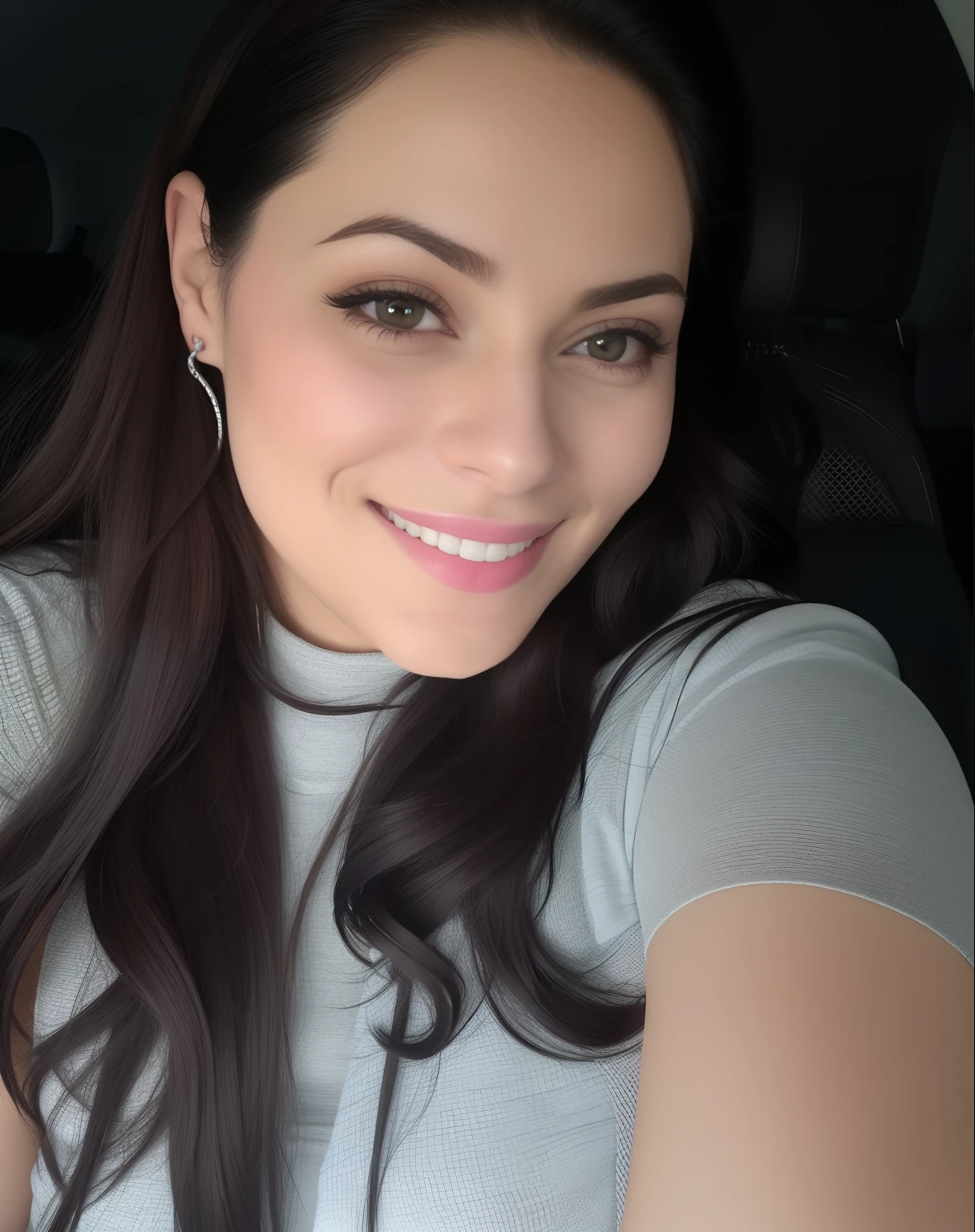 mulher sorridente tirando selfie no carro com batom rosa e brincos, Alanis Guillen, foto de perfil headshot, imagem de perfil, Directed by: Nandor Soldier, 3 0 anos de idade mulher, Mulher de 30 anos, Lorena Avarez, inspired by Gina Pellón, Karla Ortiz, foto do perfil, foto de perfil profissional, selfie de uma jovem mulher