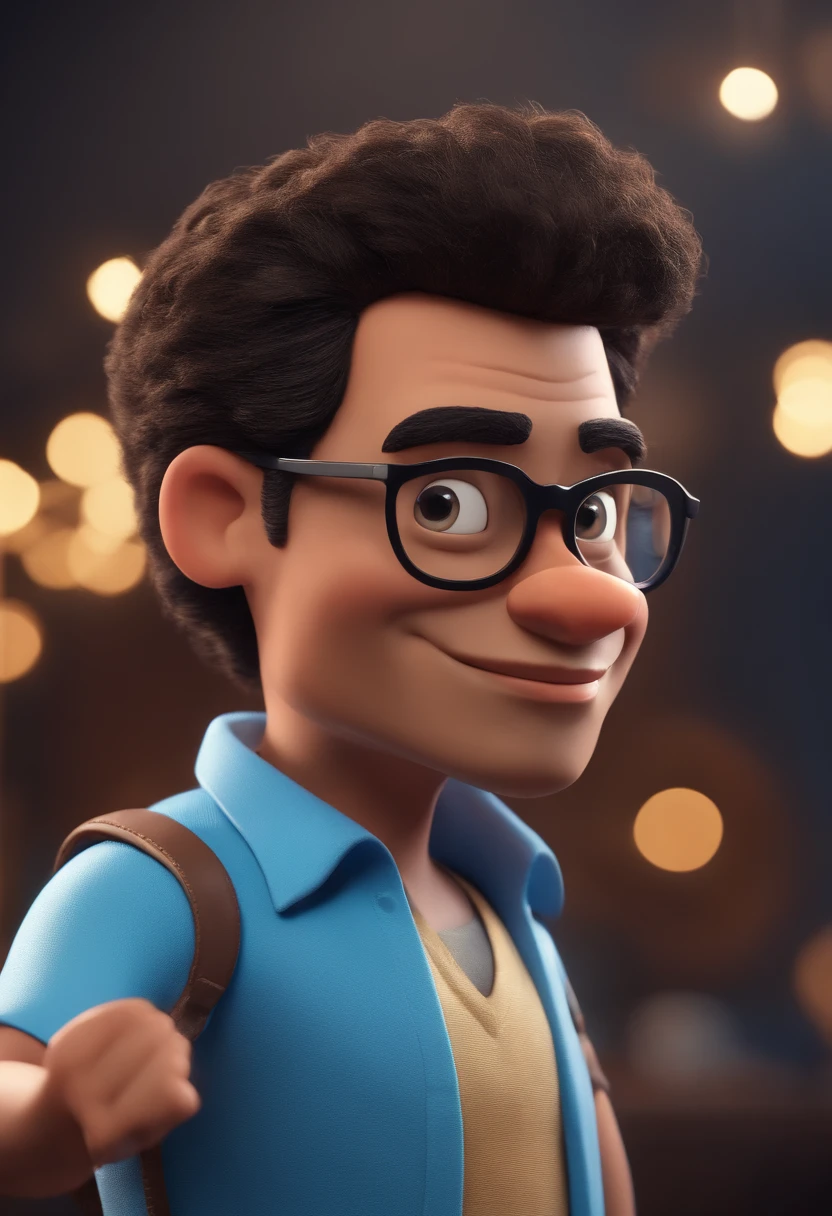 Cartoon character of a man with black glasses and a blue shirt, animation character, Caractere estilizado, animation style rendering, 3D estilizado, Arnold Maya render, 3 d render stylized, toon render keyshot, Personagem 3D, Personagem 3D, 3d rendering stylized, 3 d character render, personagem de desenho animado, Personagem de close up, Pose de personagem, (Estilo Pixar) (master part:1.2) (Bokeh) (best quality) (pele detalhada) (textura detalhada) (8k) (argila) (Cinematic lighting) (foco nítido