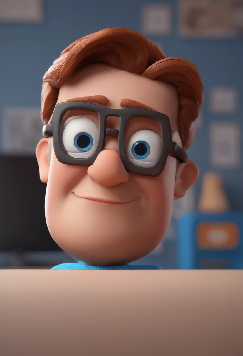 Cartoon character of a man with black glasses and a blue shirt, animation character, Caractere estilizado, animation style rendering, 3D estilizado, Arnold Maya render, 3 d render stylized, toon render keyshot, Personagem 3D, Personagem 3D, 3d rendering stylized, 3 d character render, personagem de desenho animado, Personagem de close up, Pose de personagem,  (Estilo Pixar) (master part:1.2) (Bokeh) (best quality) (pele detalhada) (textura detalhada) (8k) (argila) (Cinematic lighting) (foco nítido