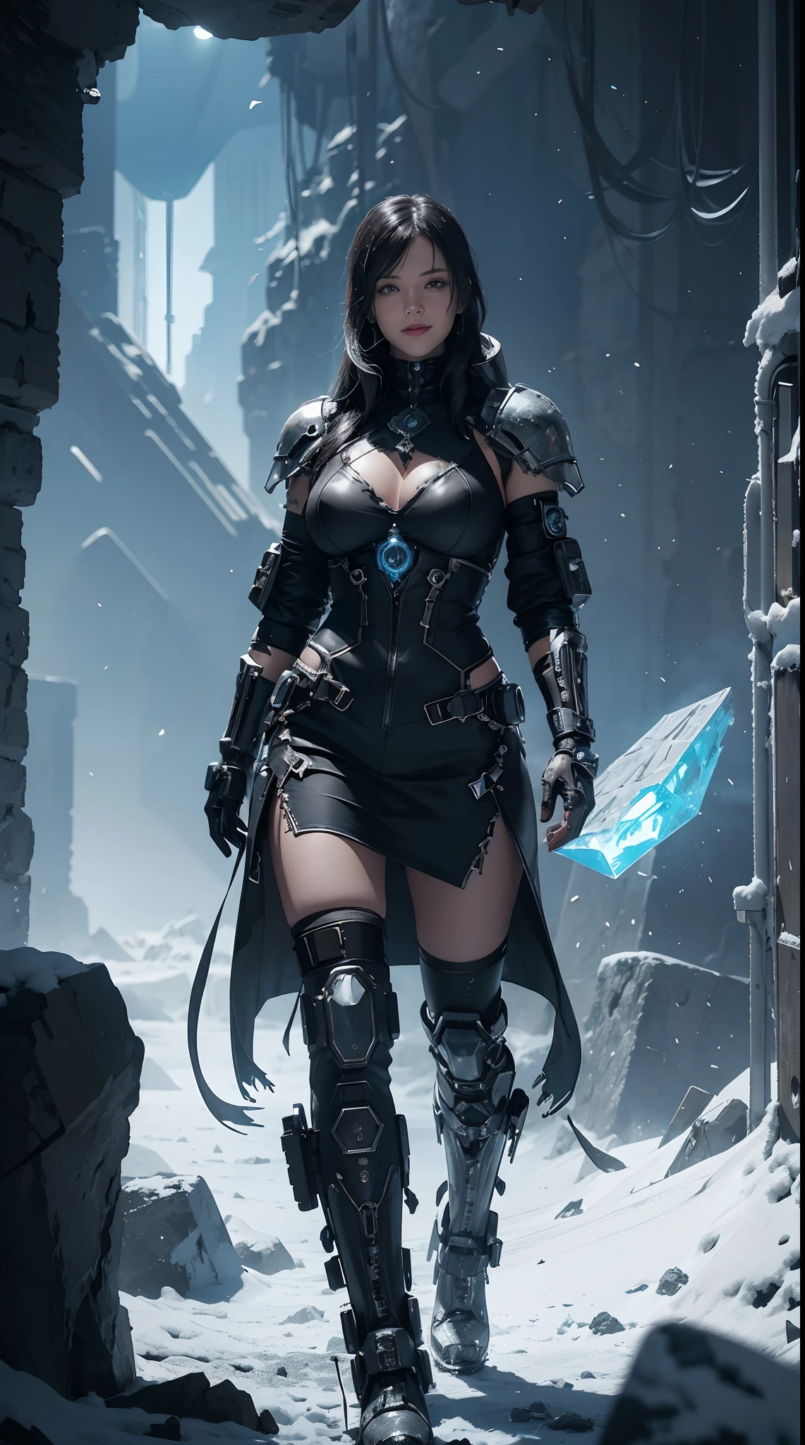 Cyberpunk, mechanical, broken, there is a picture of a very large iceberg, cyberpunk, mechanical, broken, with a lot of snow, dungeon background, icicle background, arena background, game background, dark dark cave background,a female warrior laying,((smile:1))