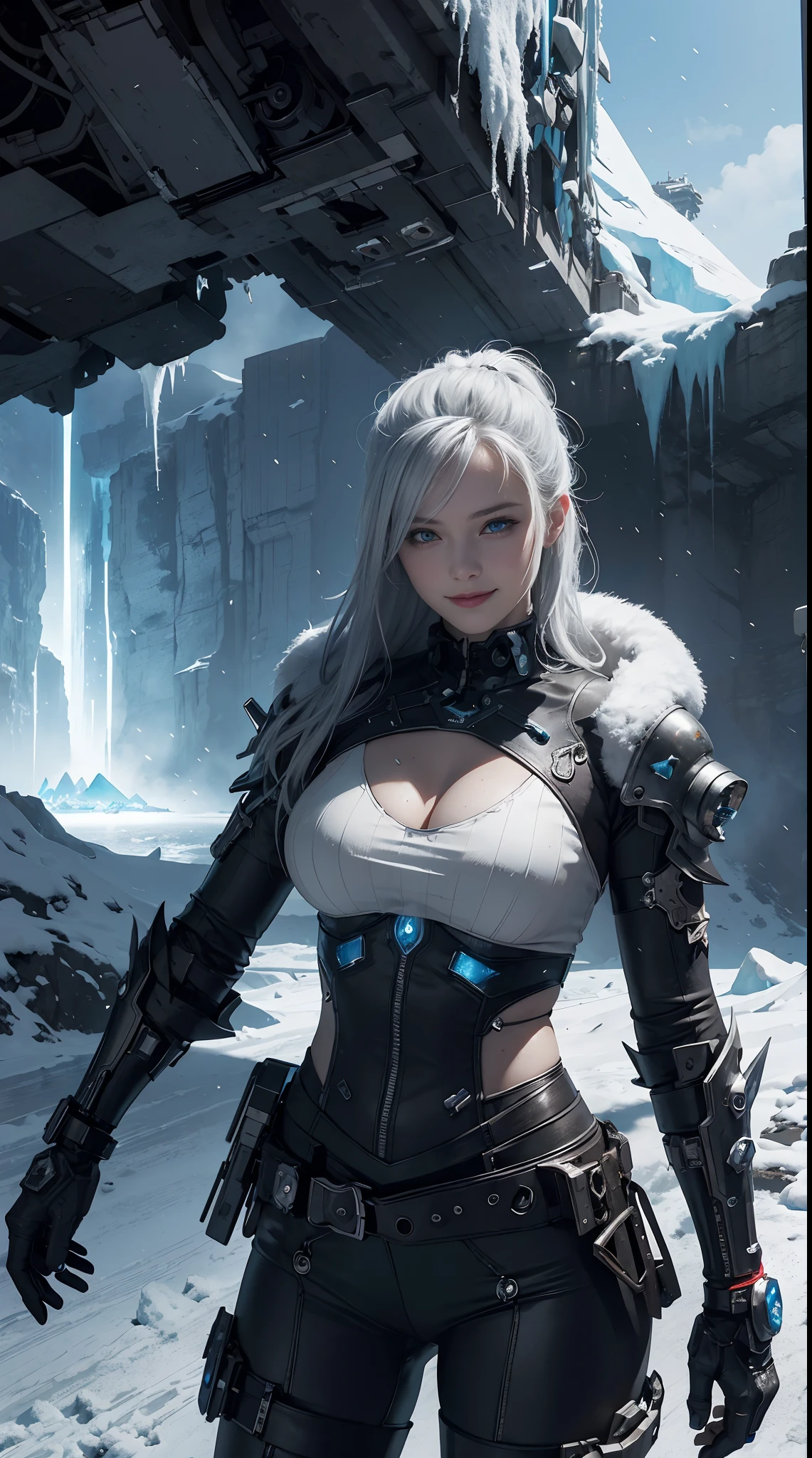 Cyberpunk, mechanical, broken, there is a picture of a very large iceberg, cyberpunk, mechanical, broken, with a lot of snow, dungeon background, icicle background, arena background, game background, dark dark cave background,a female warrior laying,((smile:1))