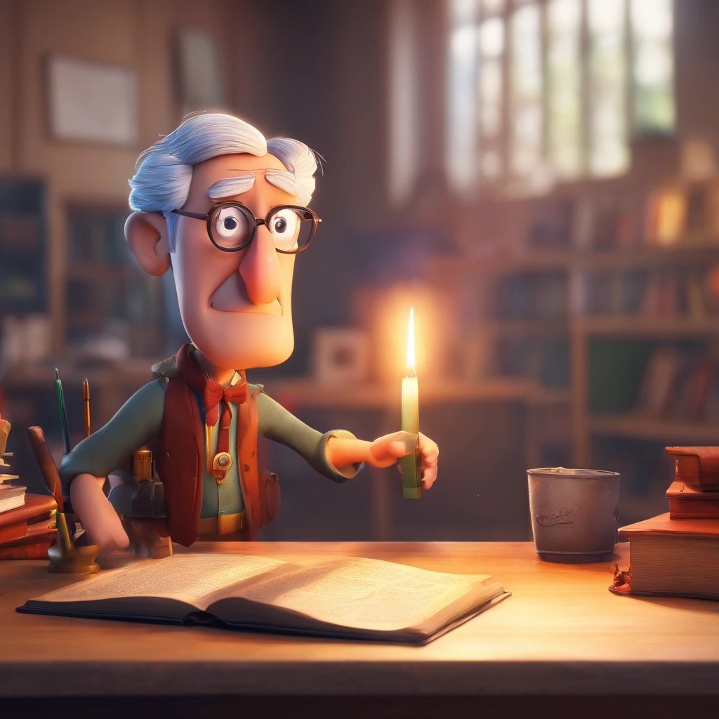 Crie um cartaz inspirado na Disney Pixar com o personagem sendo o pastor Rubens Janier, A gray-haired man wearing glasses, in an office with a Bible on the table
