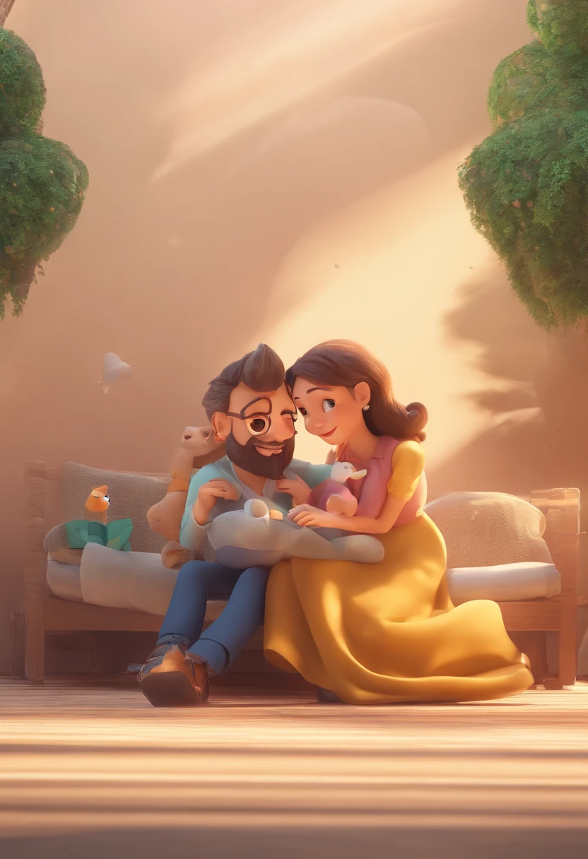 An illustration of an adorable couple, Destacando um homem e uma mulher com beleza, Expressive eyes – the man's hair is bald and brown and he has a full beard, While the woman's hair is tied up in a bun and blonde. They are a bright space, Todos com um sorriso no rosto, e compartilhe um momento especial, That is marked by love, viagem, and pedagogical insights. Ilustre esta cena a partir de uma perspectiva, where they're facing away from the camera, Show Your Connection. Desenvolva esta arte em Full HD, Focus on your cinematic touch, Estilo Disney Pixar Animations