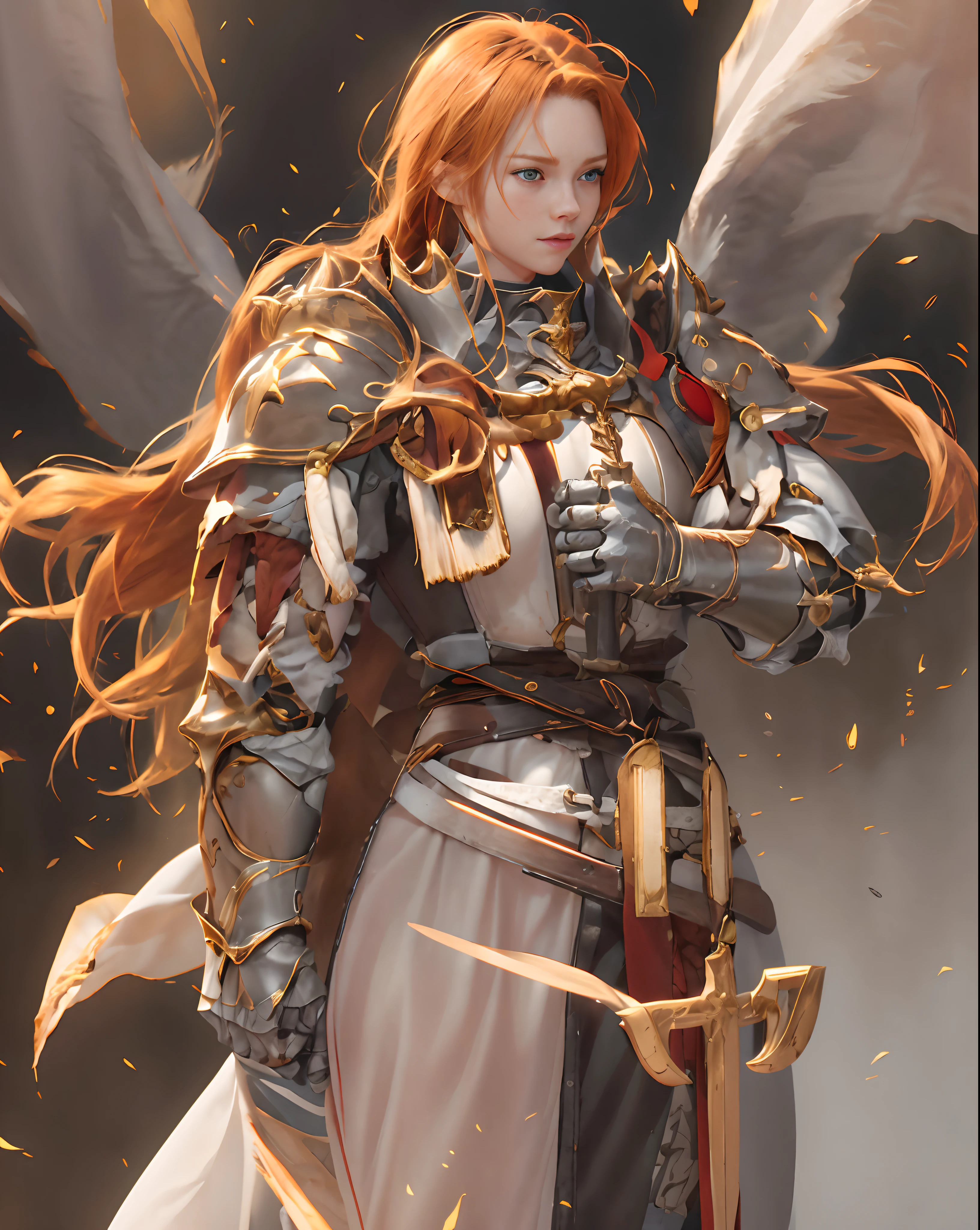 girl, realistic anime, teenager, long ginger hair, toned muscles, very strong, paladin, white and golden armor