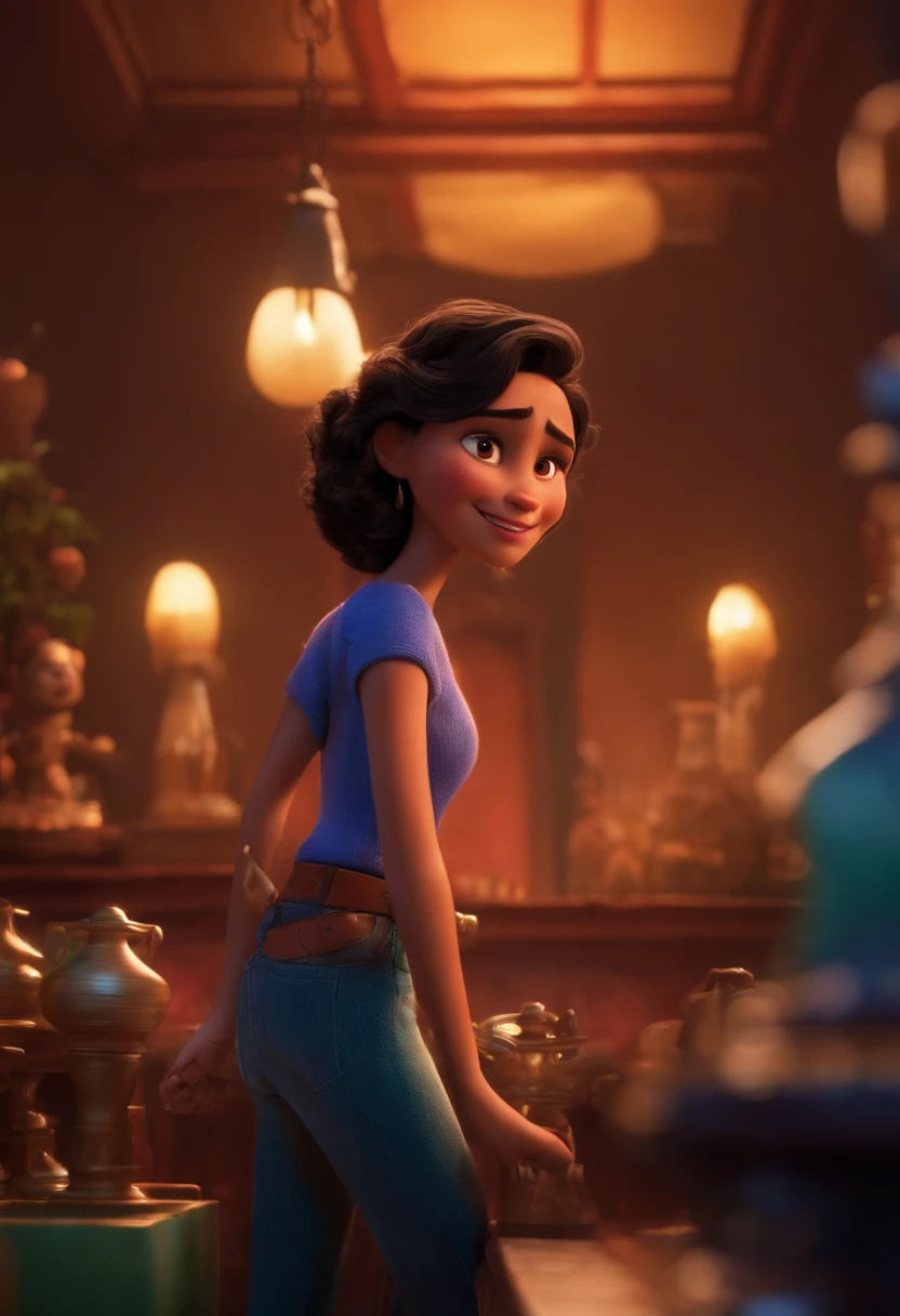 Criar um personagem no estilo pixar dentro de um jaleco. personagem morena, cacheada,18 anos, nariz pouco achatado e sorridente