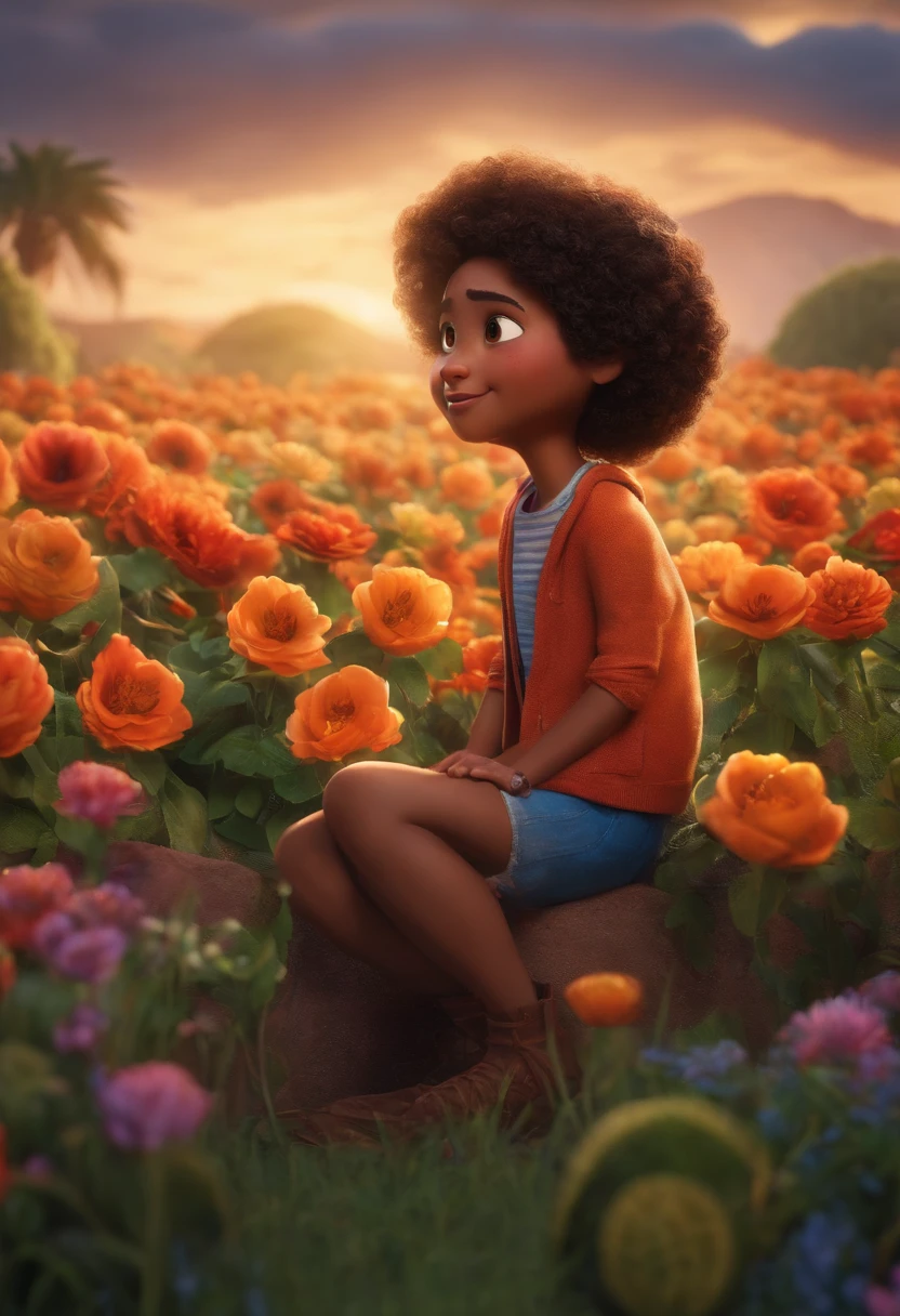 Criar um personagem no estilo pixar dentro de um jaleco. personagem morena, cacheada,18 anos, nariz pouco achatado e sorridente