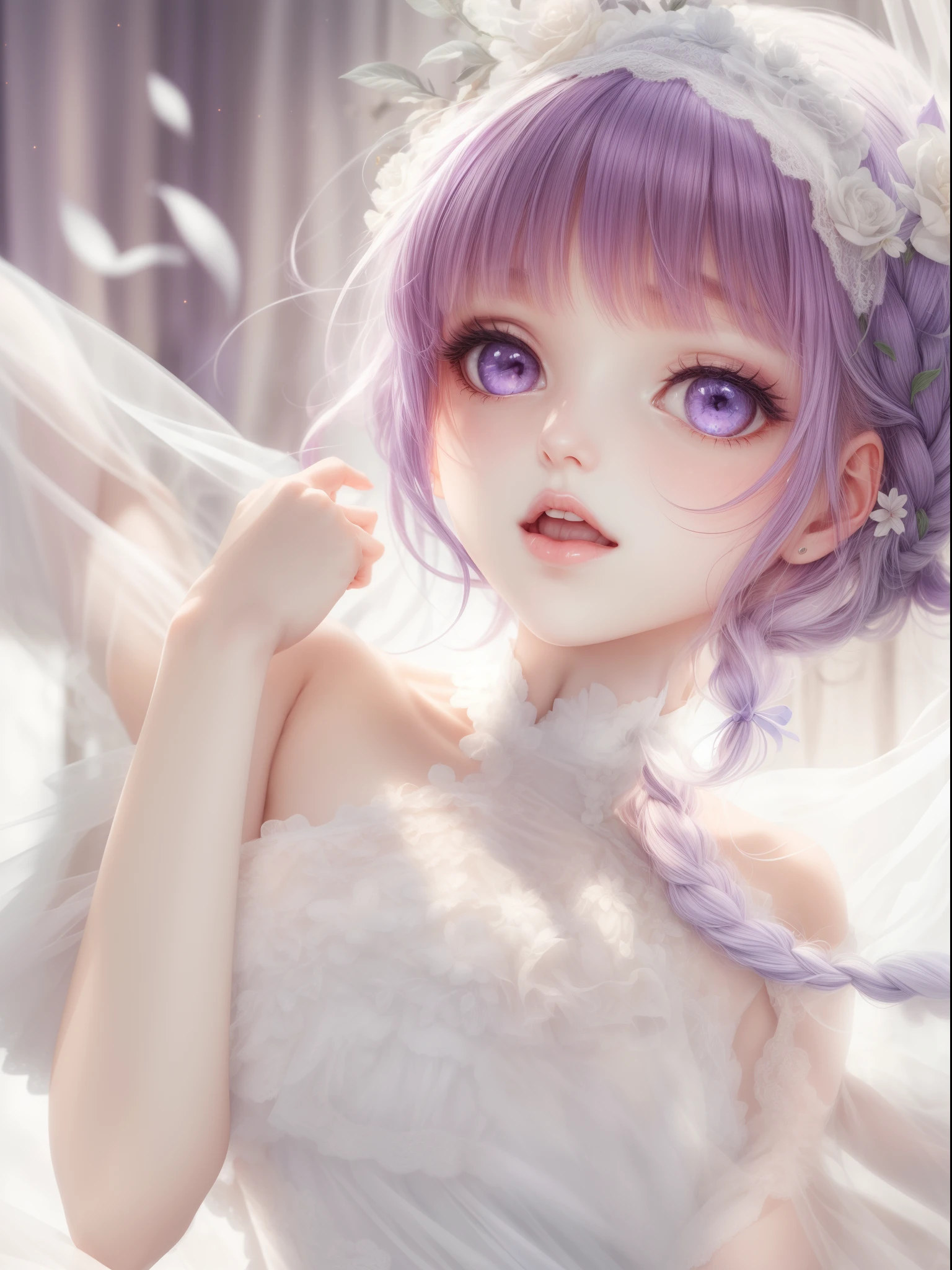 1girl,highres, high quality, masterpiece, mxmkWhiteDress, bare shoulder, purple eyes, white dress, braid