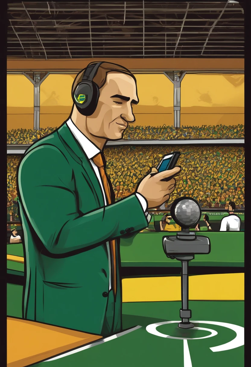 cartoon character of a sports performance analyst of the Brazilian national team, analysing a Paralympic bocce ball competition, capturing the image of the games with a cell phone resting on a tripod identified with a card with the Brazilian flag, in a Sports Gymnasium packed with fans in the stands
