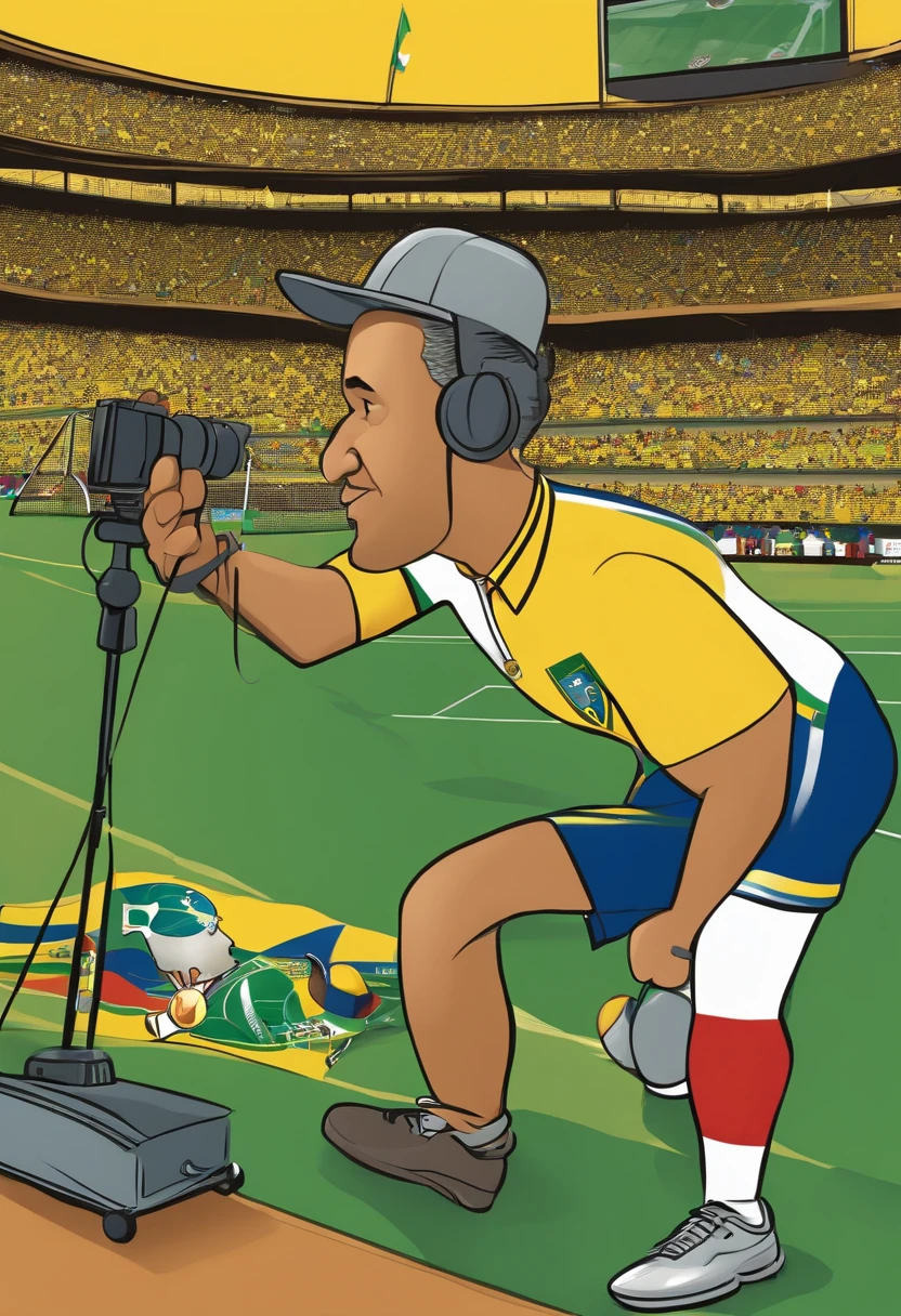 cartoon character of a sports performance analyst of the Brazilian national team, analysing a Paralympic bocce ball competition, capturing the image of the games with a cell phone resting on a tripod identified with a card with the Brazilian flag, in a Sports Gymnasium packed with fans in the stands