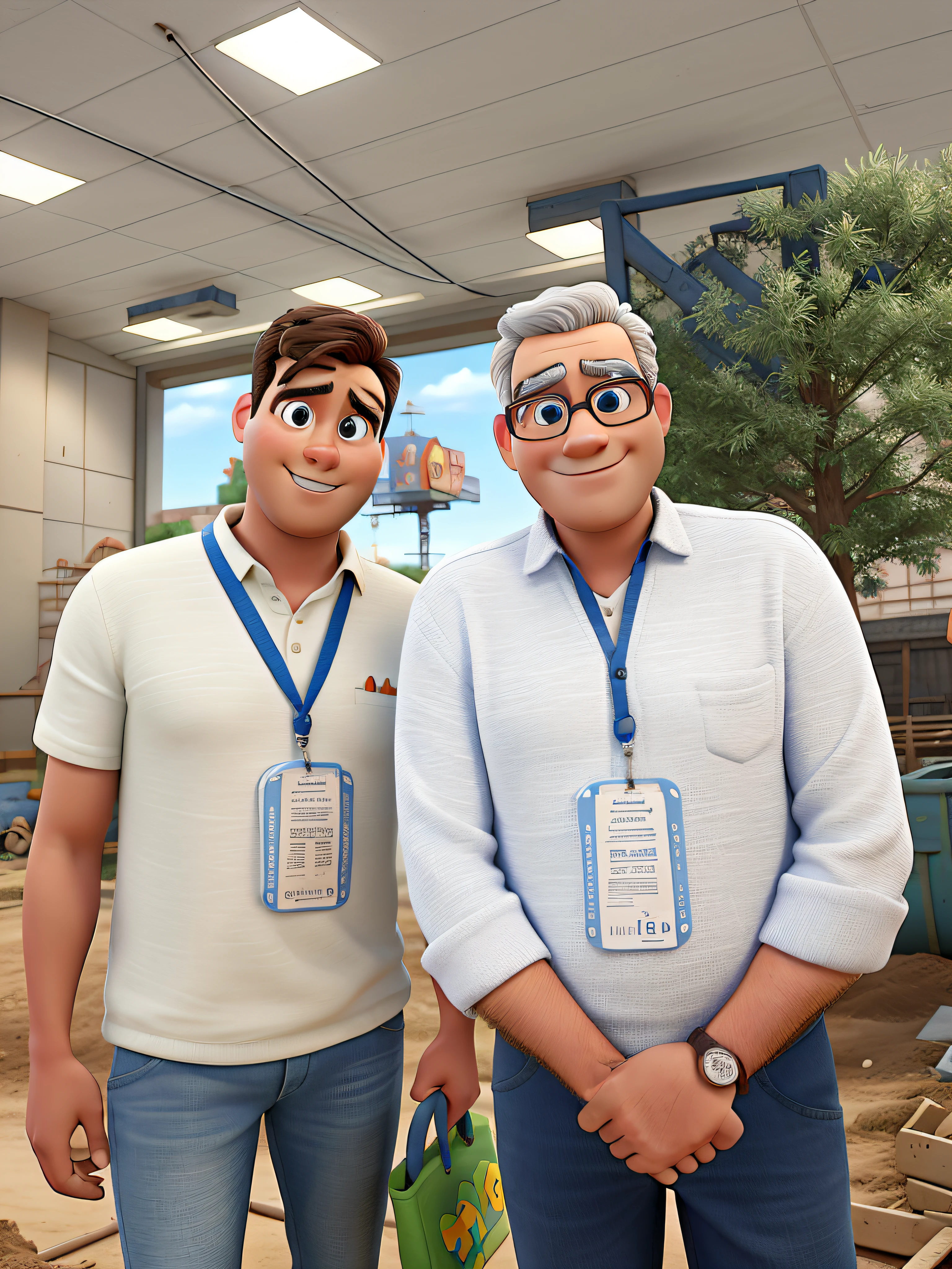Disney Pixar style image with two men against the backdrop of a construction site.