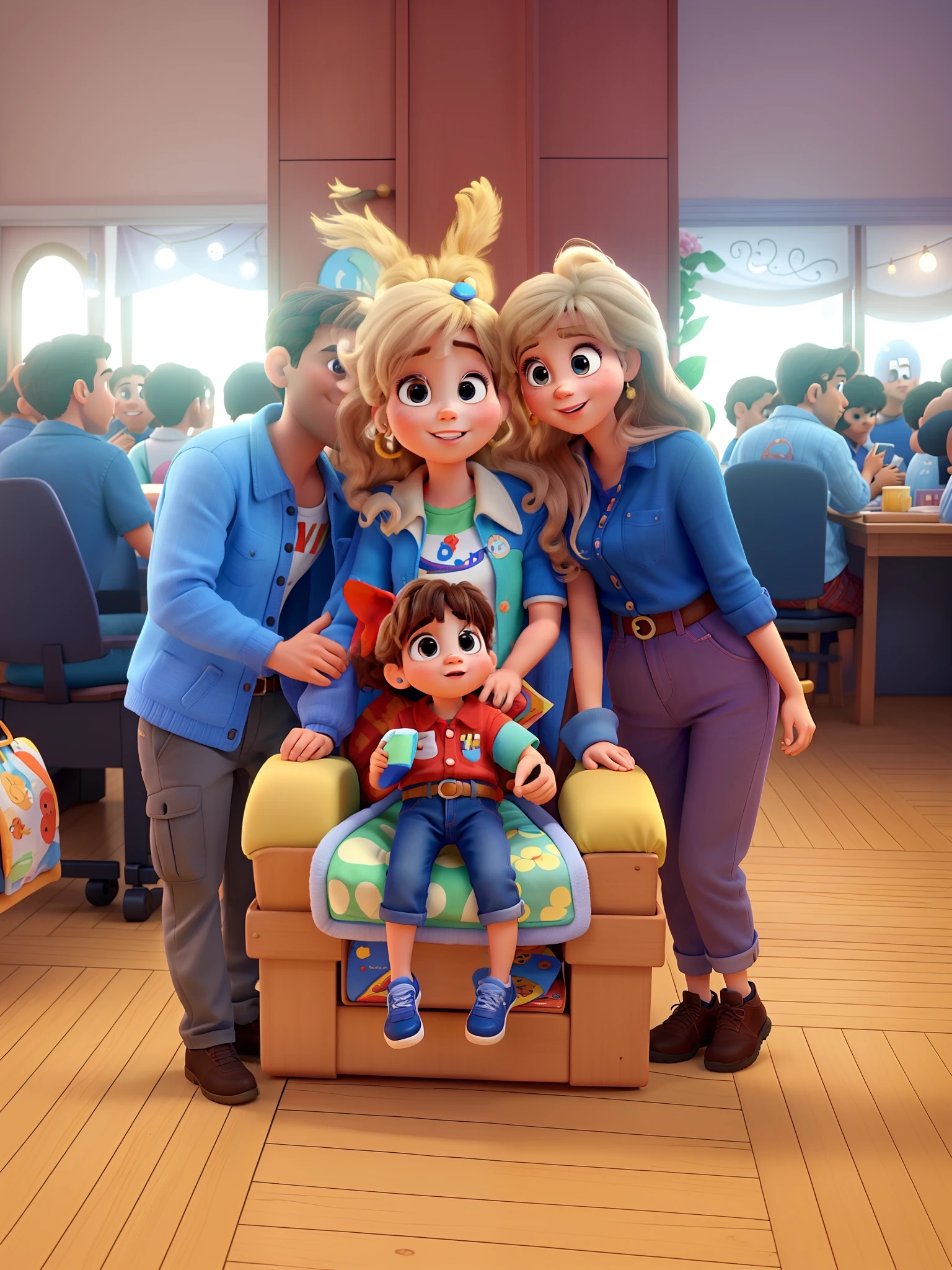 A baby, a man and a woman Disney Pixar style, alta qualidade, melhor qualidade