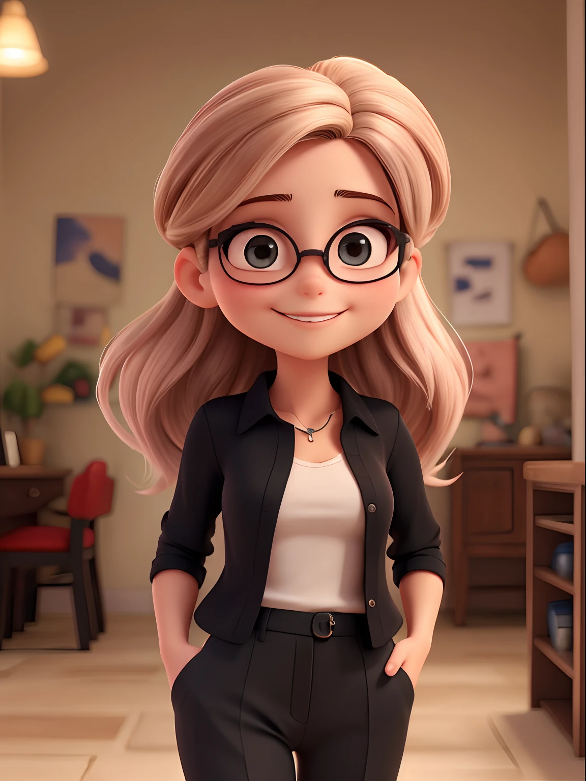Mulher de cabelos cacheados longos , usa oculos , sorrindo , rosto oval , in a black blouse with her hand in her trouser pocket