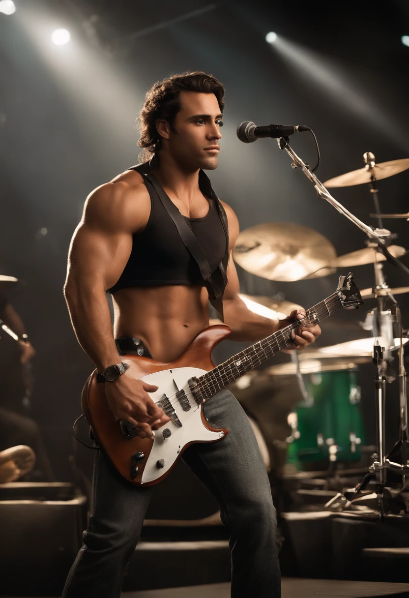 Create a poster in the Disney Pixar model based on the movie "rolled up" with a character with the following characteristics: Rock bassist musician, 170cm de altura, pele morena, 77kg, Athletic Physique, cabelo estilo militar, sem barba, alegre