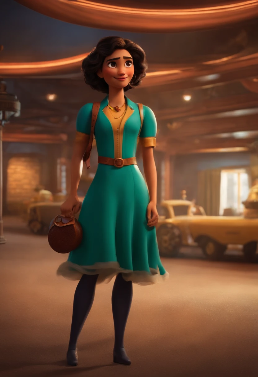 Criar um personagem no estilo pixar dentro de um jaleco. personagem morena, cacheada,18 anos, nariz pouco achatado e sorridente, branca