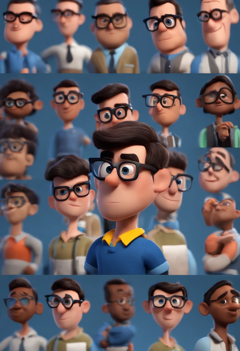 Cartoon character of a man with black glasses and a blue shirt, animation character, Caractere estilizado, animation style rendering, 3D estilizado, Arnold Maya render, 3 d render stylized, toon render keyshot, Personagem 3D, Personagem 3D, 3d rendering stylized, 3 d character render, personagem de desenho animado, Personagem de close up, Pose de personagem,  (Estilo Pixar) (master part:1.2) (Bokeh) (best quality) (pele detalhada) (textura detalhada) (8k) (argila) (Cinematic lighting) (foco nítido
