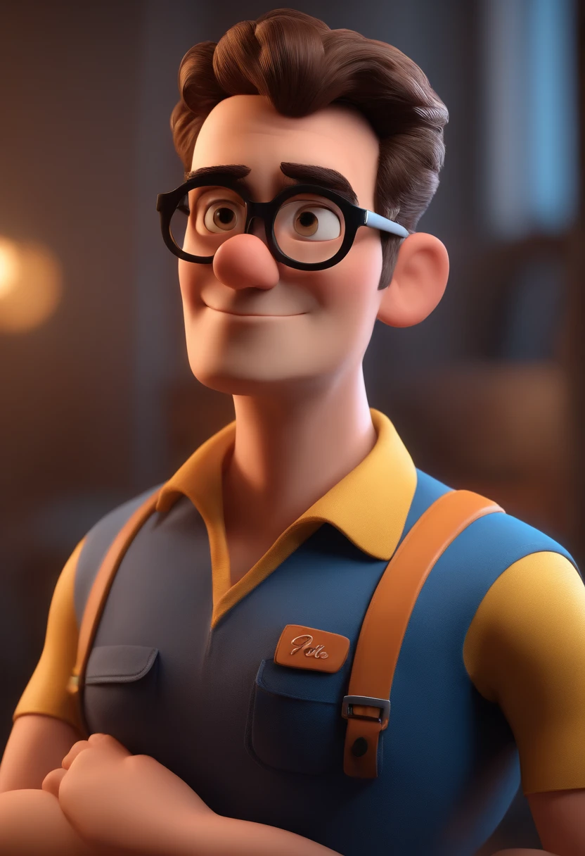 Cartoon character of a man with black glasses and a blue shirt, animation character, Caractere estilizado, animation style rendering, 3D estilizado, Arnold Maya render, 3 d render stylized, toon render keyshot, Personagem 3D, Personagem 3D, 3d rendering stylized, 3 d character render, personagem de desenho animado, Personagem de close up, Pose de personagem, (Estilo Pixar) (master part:1.2) (Bokeh) (best quality) (pele detalhada) (textura detalhada) (8k) (argila) (Cinematic lighting) (foco nítido