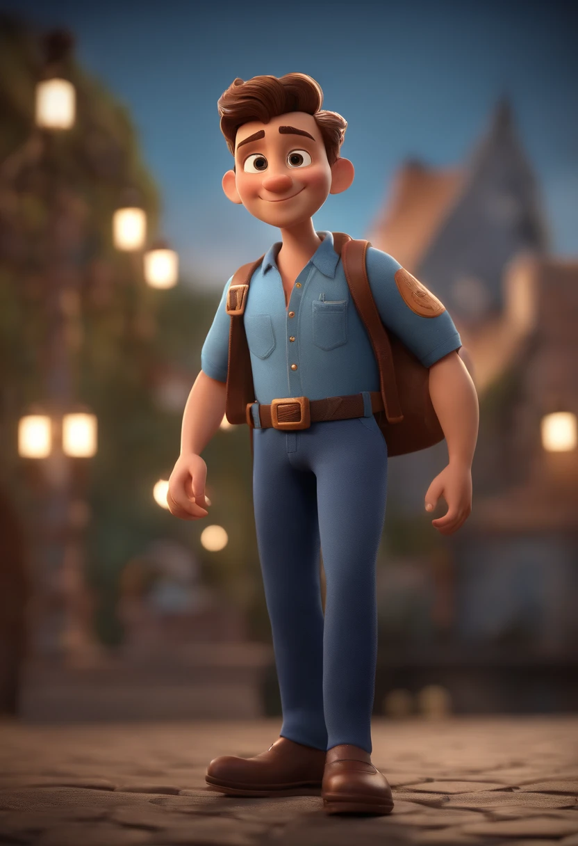 A cartoon character of a man in a blue shirt and brown hat - SeaArt AI