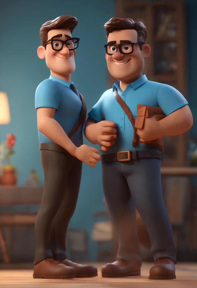 Cartoon character of a man wearing black glasses and a blue shirt, um personagem animado, Caractere estilizado, animation style rendering, 3D estilizado, Arnold Maya render, 3 d render stylized, toon render keyshot, Personagem 3D, Personagem 3D, 3d rendering stylized, 3 d character render, personagem de desenho animado, Personagem de close up, Pose de personagem, (Estilo Pixar) (master part:1.2) (Bokeh) (best quality) (pele detalhada) (textura detalhada) (8k) (argila) (Cinematic lighting) (foco nítido，Senta e vaza a parte superior do corpo