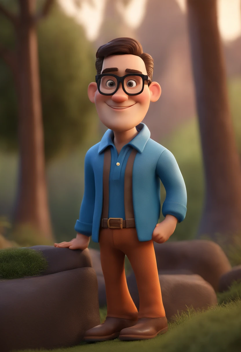 Cartoon character of a man with black glasses and a blue shirt, animation character, Caractere estilizado, animation style rendering, 3D estilizado, Arnold Maya render, 3 d render stylized, toon render keyshot, Personagem 3D, Personagem 3D, 3d rendering stylized, 3 d character render, personagem de desenho animado, Personagem de close up, Pose de personagem, (Estilo Pixar) (master part:1.2) (Bokeh) (best quality) (pele detalhada) (textura detalhada) (8k) (argila) (Cinematic lighting) (foco nítido