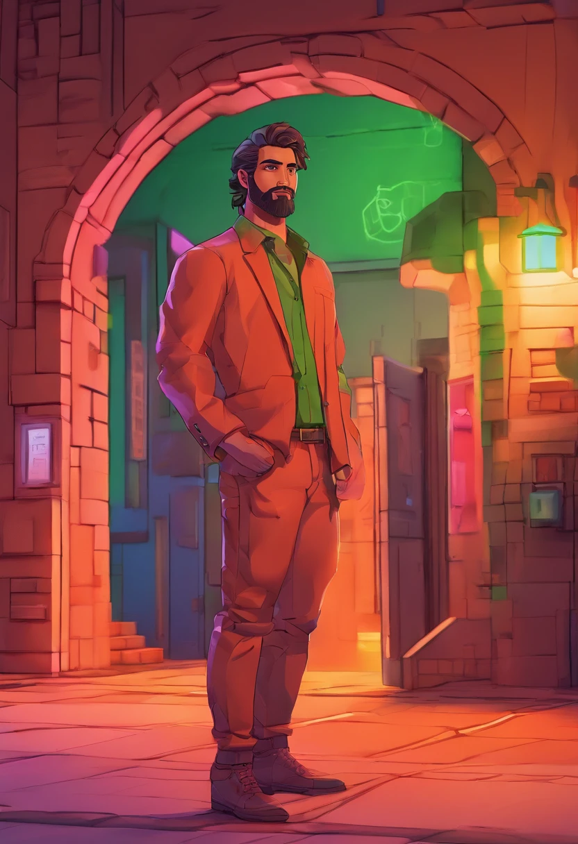 Character half apart, macho, menino, 17 anos, medium beard, cabelos castanhos vermelhos, olhos verdes, cabelos longos, calmo. Wise, fundo com grafite roxo neon, utopian city, Surrealismo, minimalismo, Expressionismo, estilo anime, sombra projetada, filmic grain, Vinhetas, silhueta, 1080P, anatomicamente correto