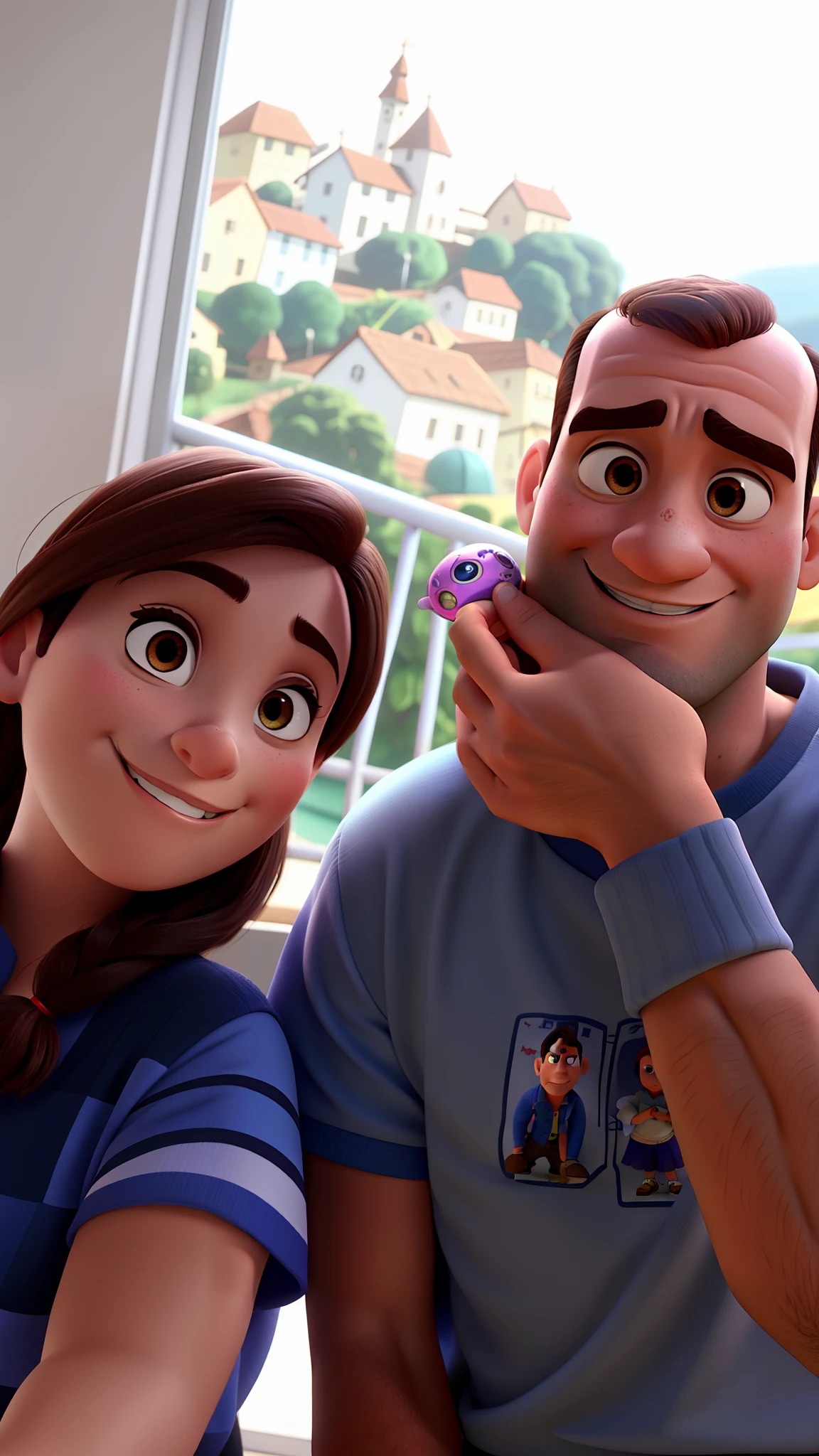 Casal estilo Pixar, homem careca segurando chaves