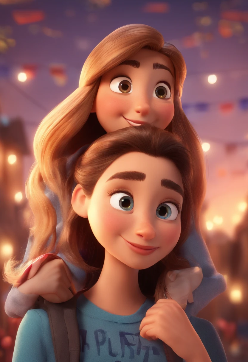 An illustration of an adorable couple, Destacando um homem e uma mulher com beleza, Expressive eyes – the man's hair is brown and he has a beard, while the woman's hair is tied up in a bun and light brown. They are a bright space, Todos com um sorriso no rosto, e compartilhe um momento especial, That is marked by love, viagem. Ilustre esta cena a partir de uma perspectiva, where they're facing away from the camera, Show Your Connection. Desenvolva esta arte em Full HD, Focus on your cinematic touch, Estilo Disney Pixar Animations