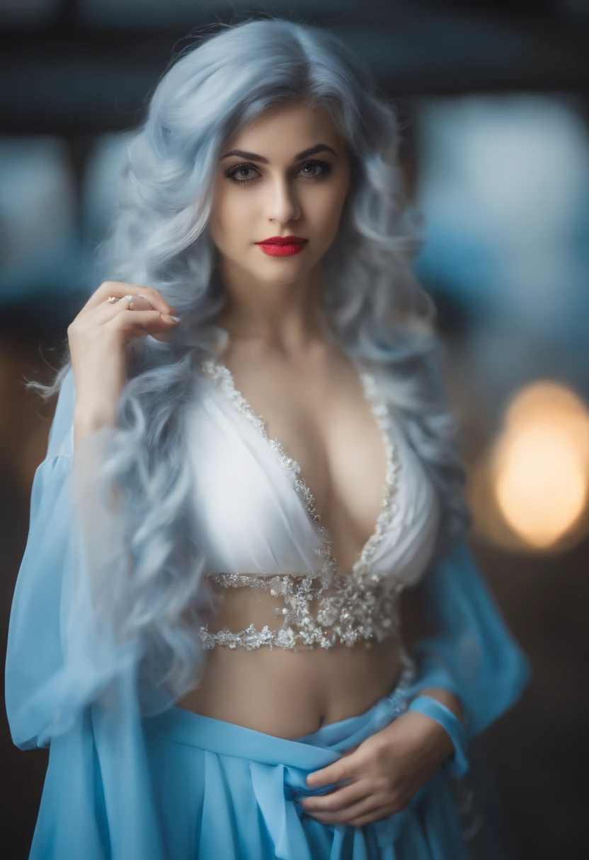 ((16 Noites Sakiya)), ((Projeto Touhou)), Cosplay, Mulher de 20 anos, (((cabelos grisalhos)), ((medium spiky hair)), ((roupa de empregada azul)), ((blusa branca)), mid chest, (Luz)))), (Posar))), (foto fotorrealista: 1.3), Rim lighting, (pele de alto detalhe:1.2), 8k UHD, DSLR, alta qualidade, high resolution, 4k, 8k, Bokeh, Absurdidade, best ratio four finger and one thumb, (real:1.3), Mais bonito 1 Menina, Muitas facas
