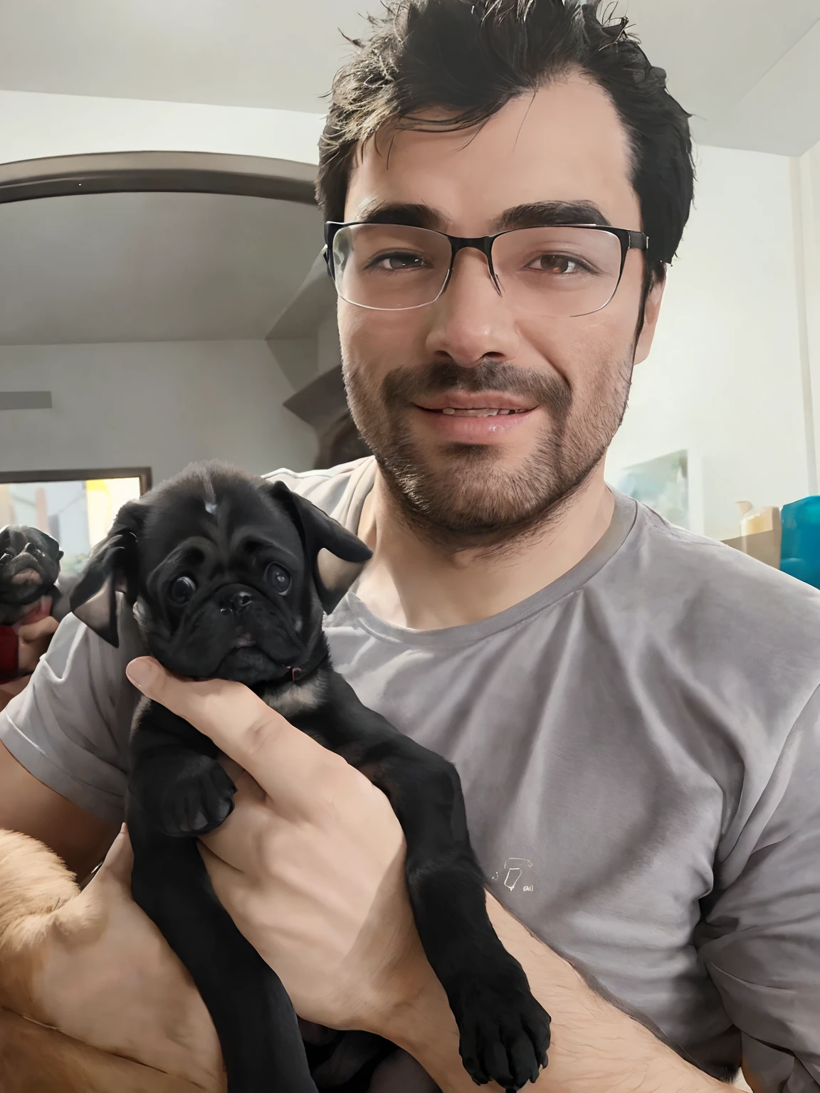 There's a man sitting on a bed with two dogs, with dogs, Directed by: Nandor Soldier, with his hyperactive little dog, Directed by: Emma Andijewska, segurando um pug para uma foto, Directed by: David Ruby, Directed by: Luis Miranda, by Amelia Peláez, retrato de alta qualidade, Directed by: Matteo Pérez, por Romain brook, Directed by: Samuel Silva