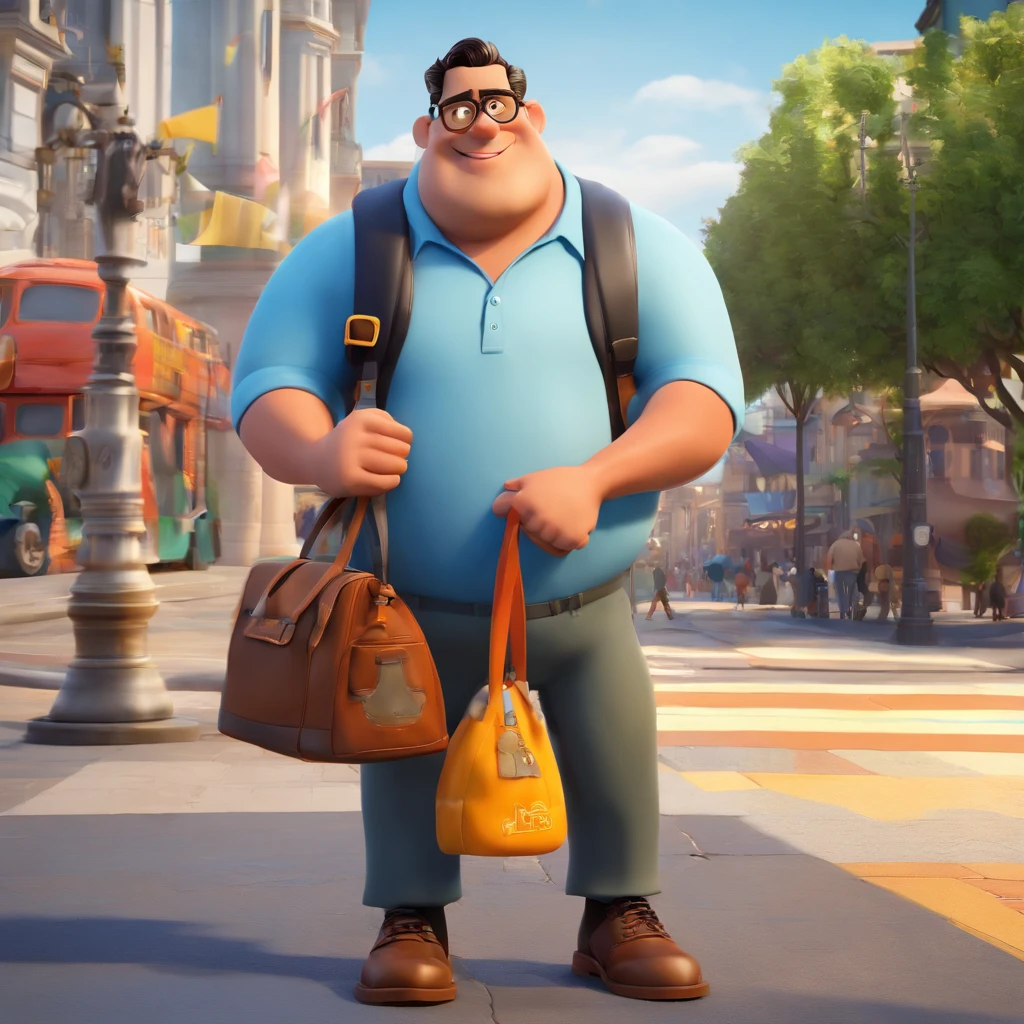 Create a Disney Pixar-inspired poster with the character being the big guy, Carrying a bag in front of a bus , A black-haired man wearing glasses, com uma camisa preta e um short azul