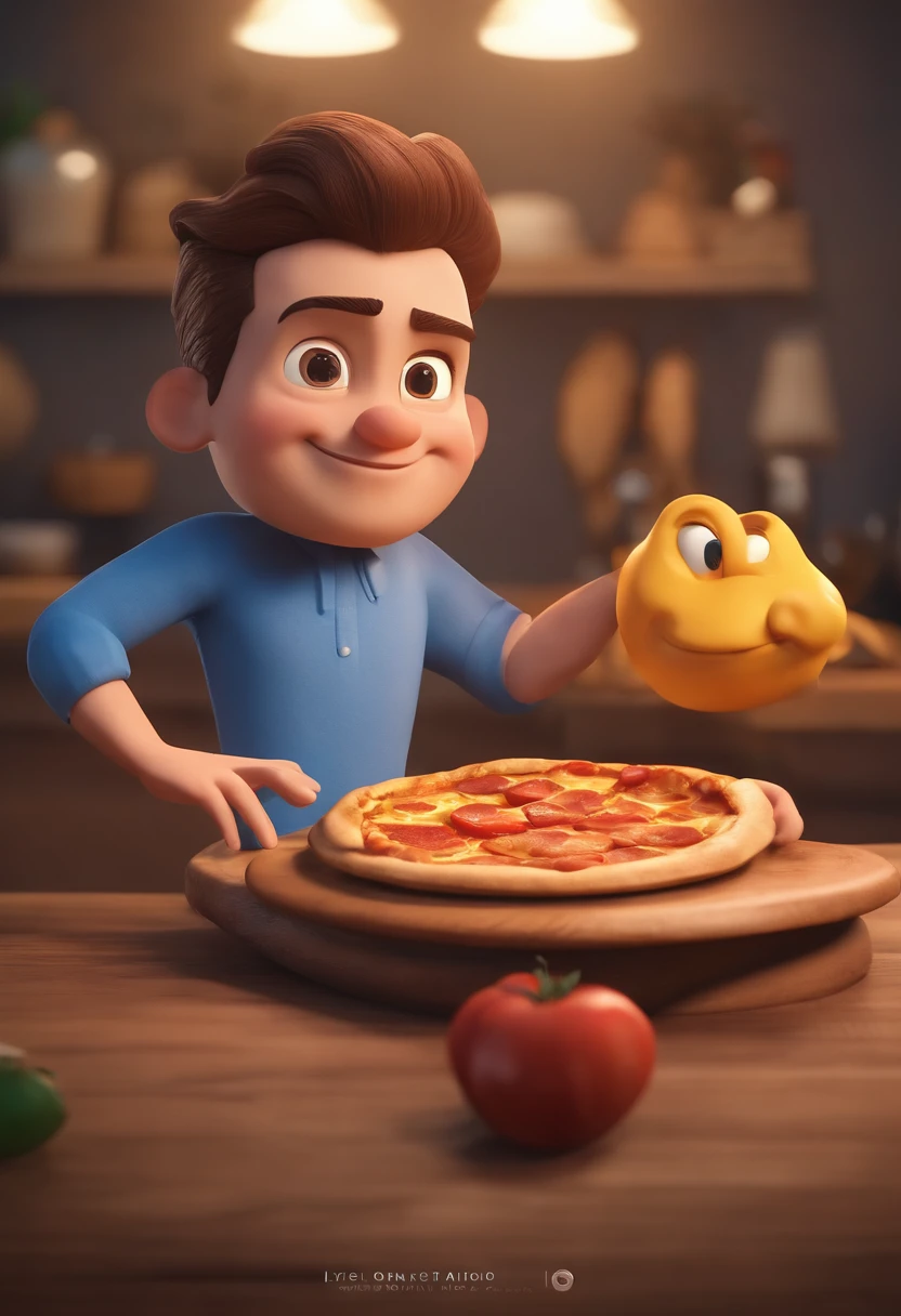 Personagem de desenho animado de um homem cabelo castanho escuro, With a pizza in his hands, e uma camisa azul, um personagem animado, Caractere estilizado, animation style rendering, 3D estilizado, Arnold Maya render, 3 d render stylized, toon render keyshot, Personagem 3D, Personagem 3D, 3d rendering stylized, 3 d character render, personagem de desenho animado, Personagem de close up, Pose de personagem, (Estilo Pixar) (master part:1.2) (Bokeh) (best quality) (pele detalhada) (textura detalhada) (8k) (argila) (Cinematic lighting) (foco nítido,Senta e vaza a parte superior do corpo