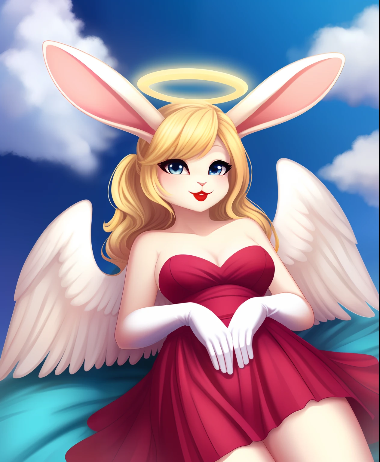 Female blonde anthro rabbit as an angel, boobs, red lipstick, halo, white soft wings, flying, pink heaven in the background, Heaven cityscape