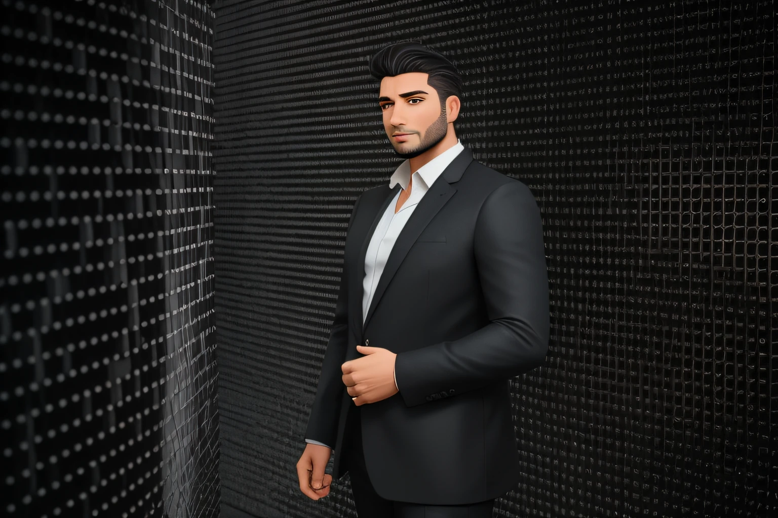 personagem dos desenhos animados Um advogado homem de 35 anos, com cabelos castanhos curtos,face de diamante, olhar rigoroso, e olhos castanhos, vestindo camisa branca com blazer preto sem gravata