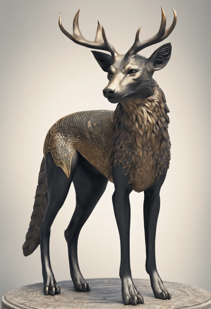 Design an animal based off the description, and no nudity or humans. It is a mix between a wolf head, a deer body, a snake tail, and peacock feathers. Head: The wolf's head, symbolizing guardianship and loyalty. Its eyes gleam with intelligence, and its sharp teeth are always visible, hinting at its ferocity and protective nature. Body: The sleek and muscular body of a stag, representing purity and life. Its smooth fur and graceful form provide the chimera with agility and swiftness. Wings: Spanning from its back are the iridescent feathers of a peacock, which allow it to radiate grace and beauty, signifying prosperity and love. Legs: Four strong legs of the stag, maintaining the consistency with the body, and further emphasizing purity and life. Tail: A long, coiling cobra tail, representing transformation and power. The tail can be raised in a defensive posture, with the cobra's hood flared, ready to strike at any threat. Description: Emerging from the wilderness, this mythical creature embodies the essence of guardianship, purity, beauty, and power. Its wolf head, with alert eyes, conveys a sense of leadership and loyalty. The chimera's body, streamlined and muscular like that of a stag, moves with both grace and purpose. From its back, shimmering wings of a peacock unfold, casting a captivating array of colors that reflect the hues of the dawn. Its powerful stag legs allow it to tread with both authority and elegance across varied terrains. Yet, it is the chimera's coiling cobra tail that serves as a stark reminder of its transformative power and potential danger. This creature is a harmonious blend of nature's legends, encapsulating the spirit of the wild in its majestic form.