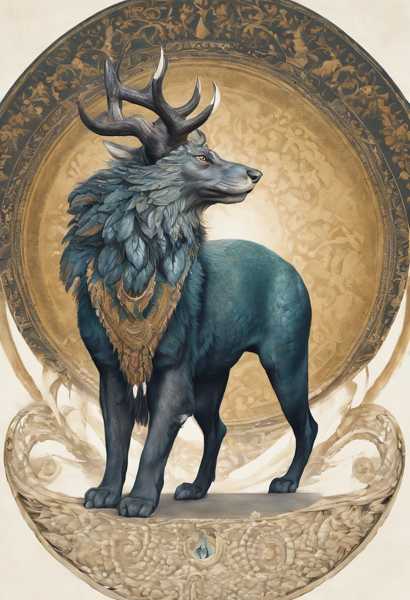 Design an animal based off the description, and no nudity or humans. It is a mix between a wolf head, a deer body, a snake tail, and peacock feathers. Head: The wolf's head, symbolizing guardianship and loyalty. Its eyes gleam with intelligence, and its sharp teeth are always visible, hinting at its ferocity and protective nature. Body: The sleek and muscular body of a stag, representing purity and life. Its smooth fur and graceful form provide the chimera with agility and swiftness. Wings: Spanning from its back are the iridescent feathers of a peacock, which allow it to radiate grace and beauty, signifying prosperity and love. Legs: Four strong legs of the stag, maintaining the consistency with the body, and further emphasizing purity and life. Tail: A long, coiling cobra tail, representing transformation and power. The tail can be raised in a defensive posture, with the cobra's hood flared, ready to strike at any threat. Description: Emerging from the wilderness, this mythical creature embodies the essence of guardianship, purity, beauty, and power. Its wolf head, with alert eyes, conveys a sense of leadership and loyalty. The chimera's body, streamlined and muscular like that of a stag, moves with both grace and purpose. From its back, shimmering wings of a peacock unfold, casting a captivating array of colors that reflect the hues of the dawn. Its powerful stag legs allow it to tread with both authority and elegance across varied terrains. Yet, it is the chimera's coiling cobra tail that serves as a stark reminder of its transformative power and potential danger. This creature is a harmonious blend of nature's legends, encapsulating the spirit of the wild in its majestic form.