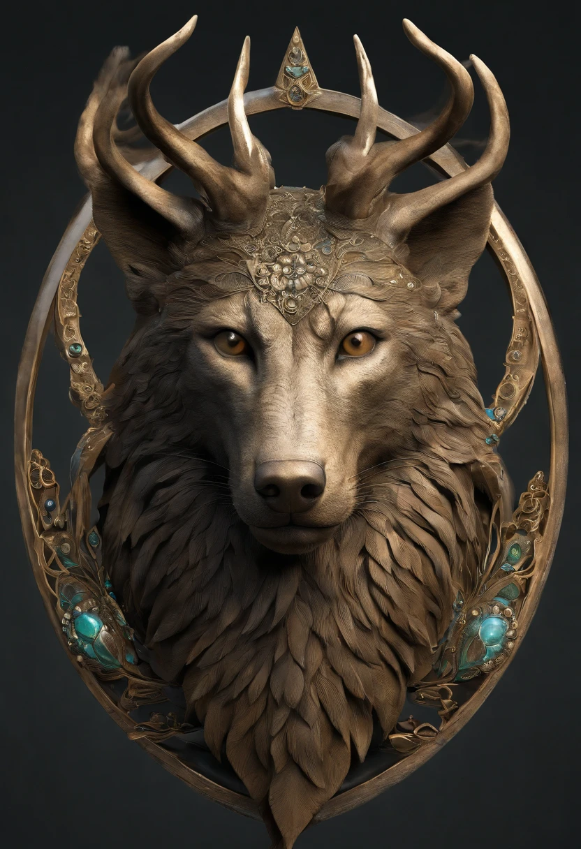 Design an animal based off the description, and no nudity or humans. It is a mix between a wolf head, a deer body, a snake tail, and peacock feathers. Head: The wolf's head, symbolizing guardianship and loyalty. Its eyes gleam with intelligence, and its sharp teeth are always visible, hinting at its ferocity and protective nature. Body: The sleek and muscular body of a stag, representing purity and life. Its smooth fur and graceful form provide the chimera with agility and swiftness. Wings: Spanning from its back are the iridescent feathers of a peacock, which allow it to radiate grace and beauty, signifying prosperity and love. Legs: Four strong legs of the stag, maintaining the consistency with the body, and further emphasizing purity and life. Tail: A long, coiling cobra tail, representing transformation and power. The tail can be raised in a defensive posture, with the cobra's hood flared, ready to strike at any threat. Description: Emerging from the wilderness, this mythical creature embodies the essence of guardianship, purity, beauty, and power. Its wolf head, with alert eyes, conveys a sense of leadership and loyalty. The chimera's body, streamlined and muscular like that of a stag, moves with both grace and purpose. From its back, shimmering wings of a peacock unfold, casting a captivating array of colors that reflect the hues of the dawn. Its powerful stag legs allow it to tread with both authority and elegance across varied terrains. Yet, it is the chimera's coiling cobra tail that serves as a stark reminder of its transformative power and potential danger. This creature is a harmonious blend of nature's legends, encapsulating the spirit of the wild in its majestic form.
