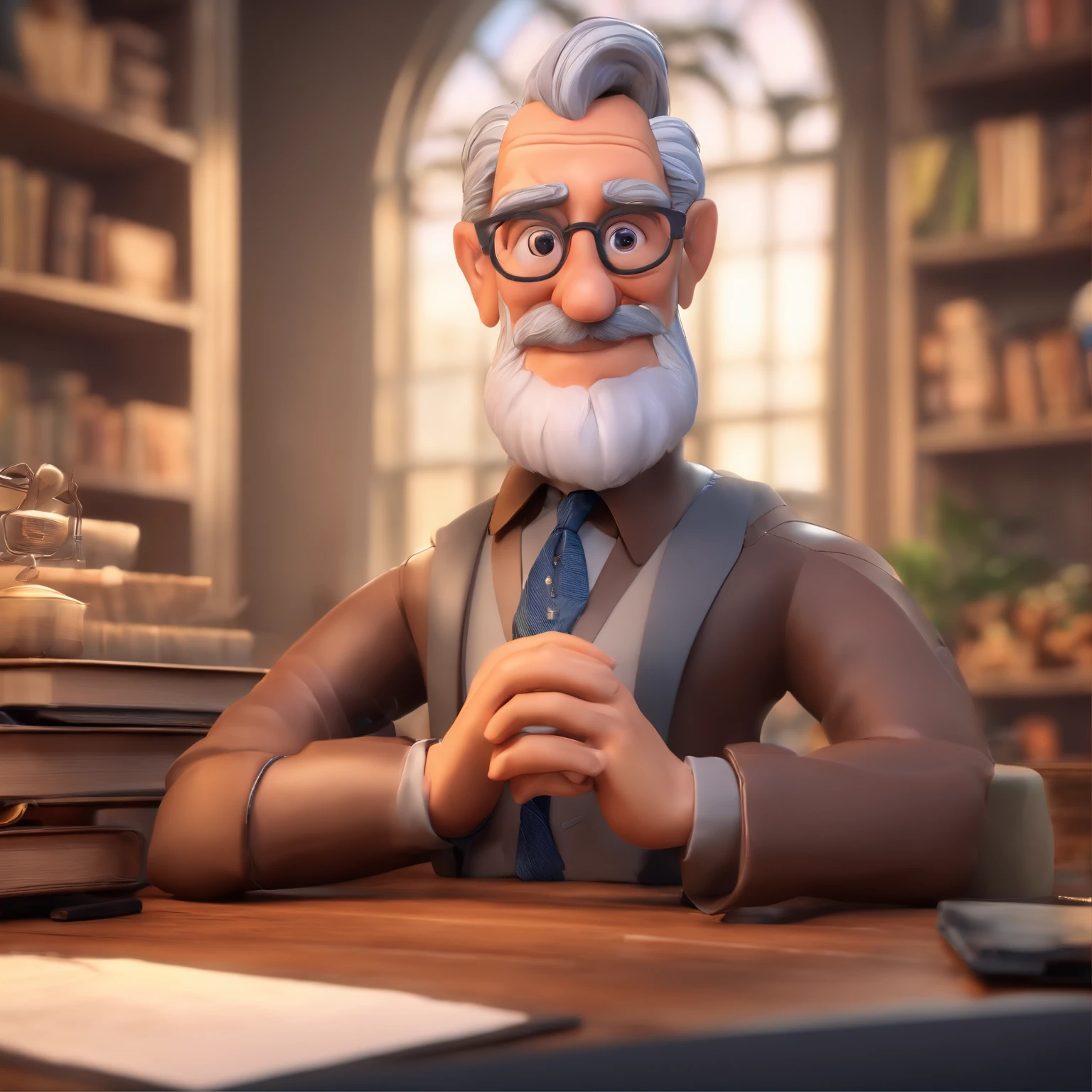 Crie um cartaz inspirado na Disney Pixar com o personagem sendo o pastor Rubens Janier, A gray-haired man wearing glasses, in an office with a Bible on the table
