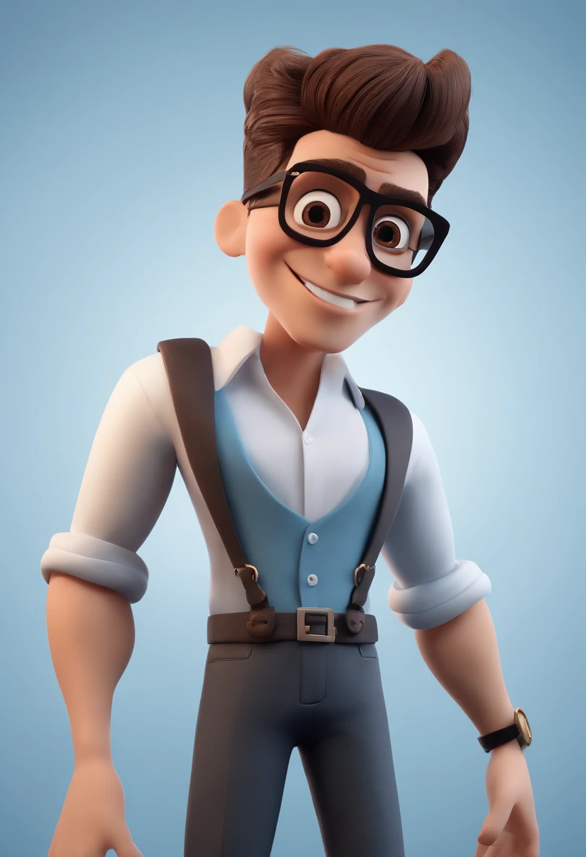Cartoon character of a man with black glasses and a blue shirt, animation character, Caractere estilizado, animation style rendering, 3D estilizado, Arnold Maya render, 3 d render stylized, toon render keyshot, Personagem 3D, Personagem 3D, 3d rendering stylized, 3 d character render, personagem de desenho animado, Personagem de close up, Pose de personagem,  (Estilo Pixar) (master part:1.2) (Bokeh) (best quality) (pele detalhada) (textura detalhada) (8k) (argila) (Cinematic lighting) (foco nítido