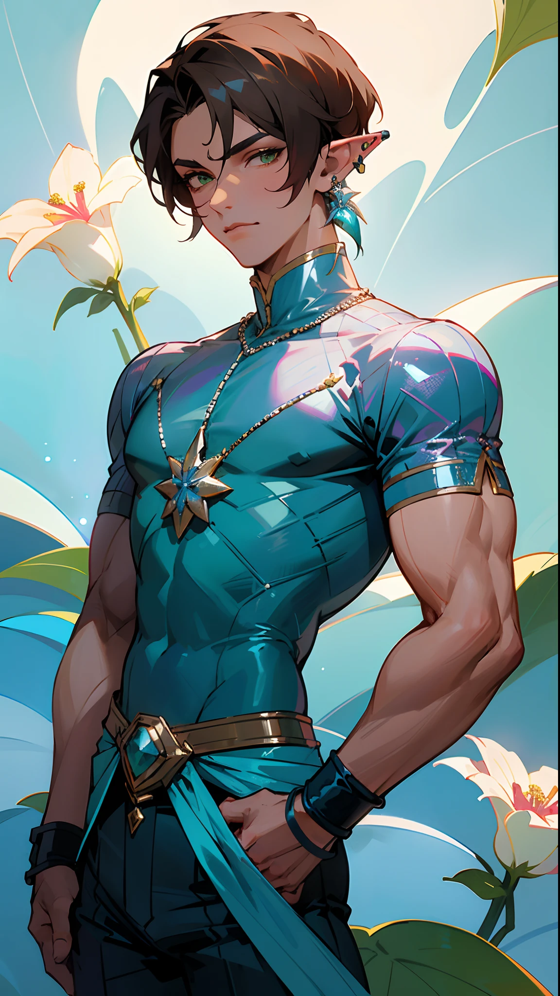 Handsome man , brown hair , very Short hair, ((Ivy League Haircut:1)) , green eyes , light skin , ((muscular:1.3)),((masculine:1)) ,elf ears , ((wearing small flower earring:1.3)) , age 37,
(masterpiece, best quality )detailed, 1Character , pastel washed out colors , cell shade , soft, muted shades ,gentle colors , blue archive art style,
He wears a fitted, sequined, and short-sleeved shirt in a vibrant shade of holographic blue, The shirt features a V-neckline and intricate beadwork, sequins, and rhinestones, slim-fitting, high-waisted pants in a matching holographic blue material, The pants are accentuated with subtle, neon blue and silver accents, including chunky silver chains, statement rings, and wristbands,