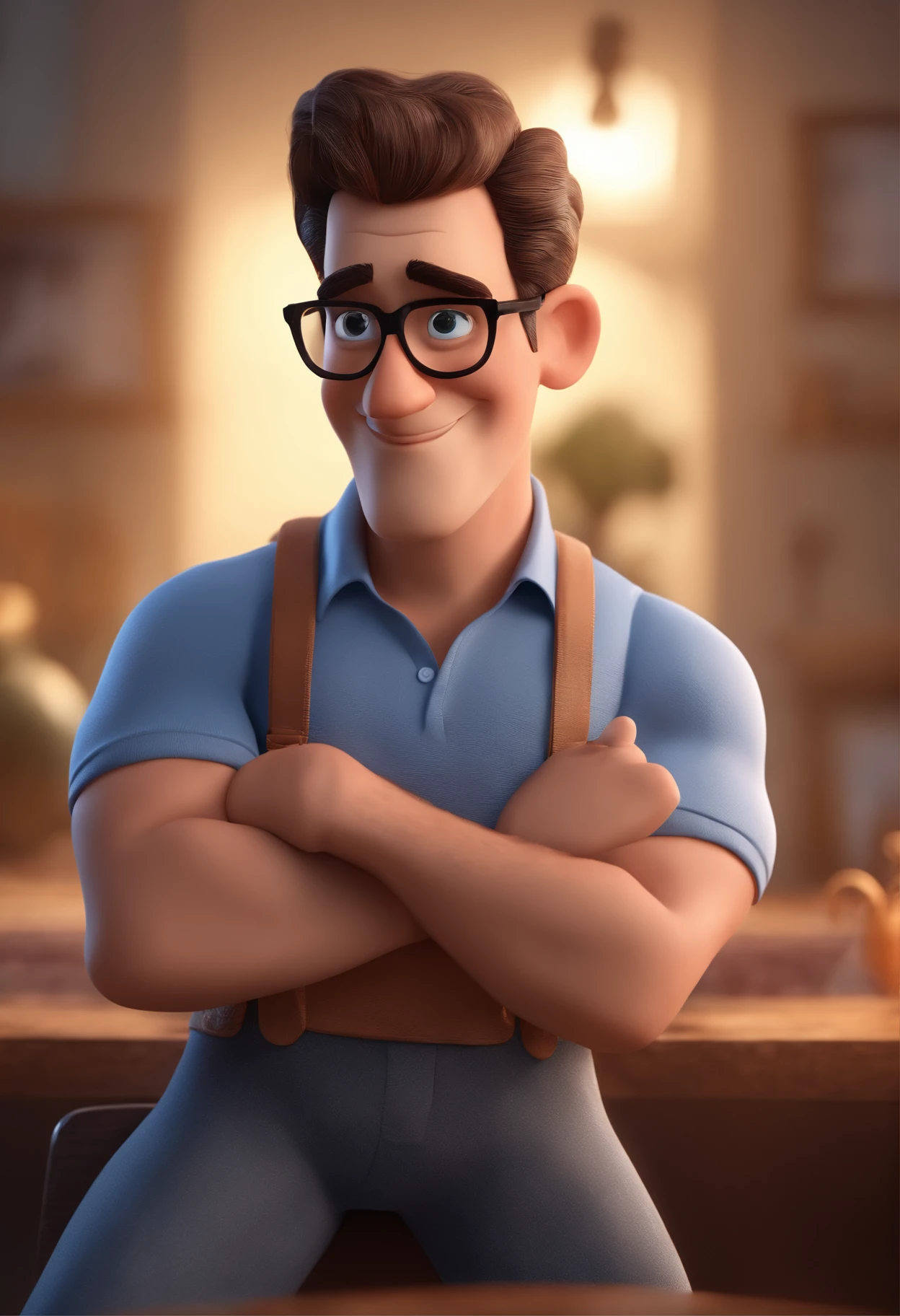 Cartoon character of a man with black glasses and a blue shirt, animation character, Caractere estilizado, animation style rendering, 3D estilizado, Arnold Maya render, 3 d render stylized, toon render keyshot, Personagem 3D, Personagem 3D, 3d rendering stylized, 3 d character render, personagem de desenho animado, Personagem de close up, Pose de personagem,  (Estilo Pixar) (master part:1.2) (Bokeh) (best quality) (pele detalhada) (textura detalhada) (8k) (argila) (Cinematic lighting) (foco nítido