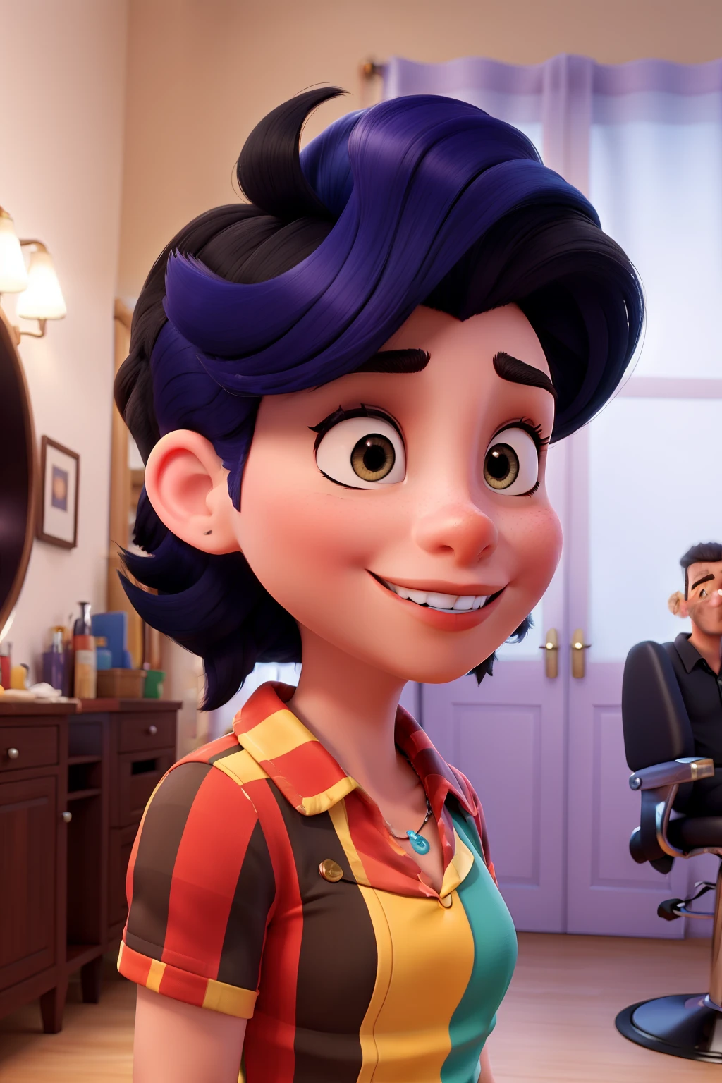 Obra-prima, best quality Disney style of a barber doing a gradient on the client, ambos de cabelo preto.