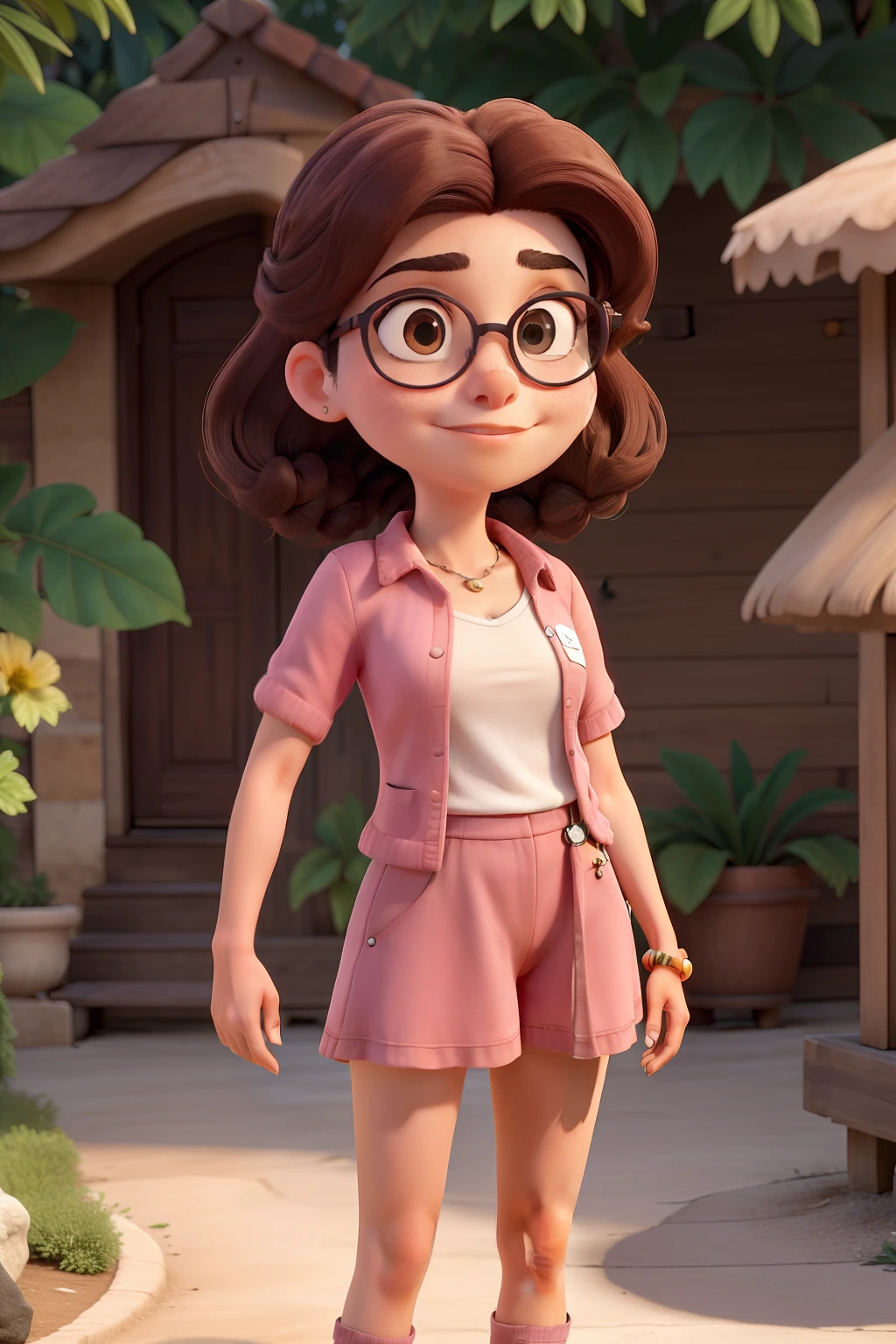 Obra-prima, de melhor qualidade, A young woman in pink round glasses, e uma flor de hibisco no cabelo, vestindo um vestido vermelho, Standing in an Italian nature setting. Ela tem pele branca, cabelo liso cor chocolate, olhos castanho-esverdeados, Striking eyebrows and a look of determination, She's a photographer and she's holding a Canon camera.