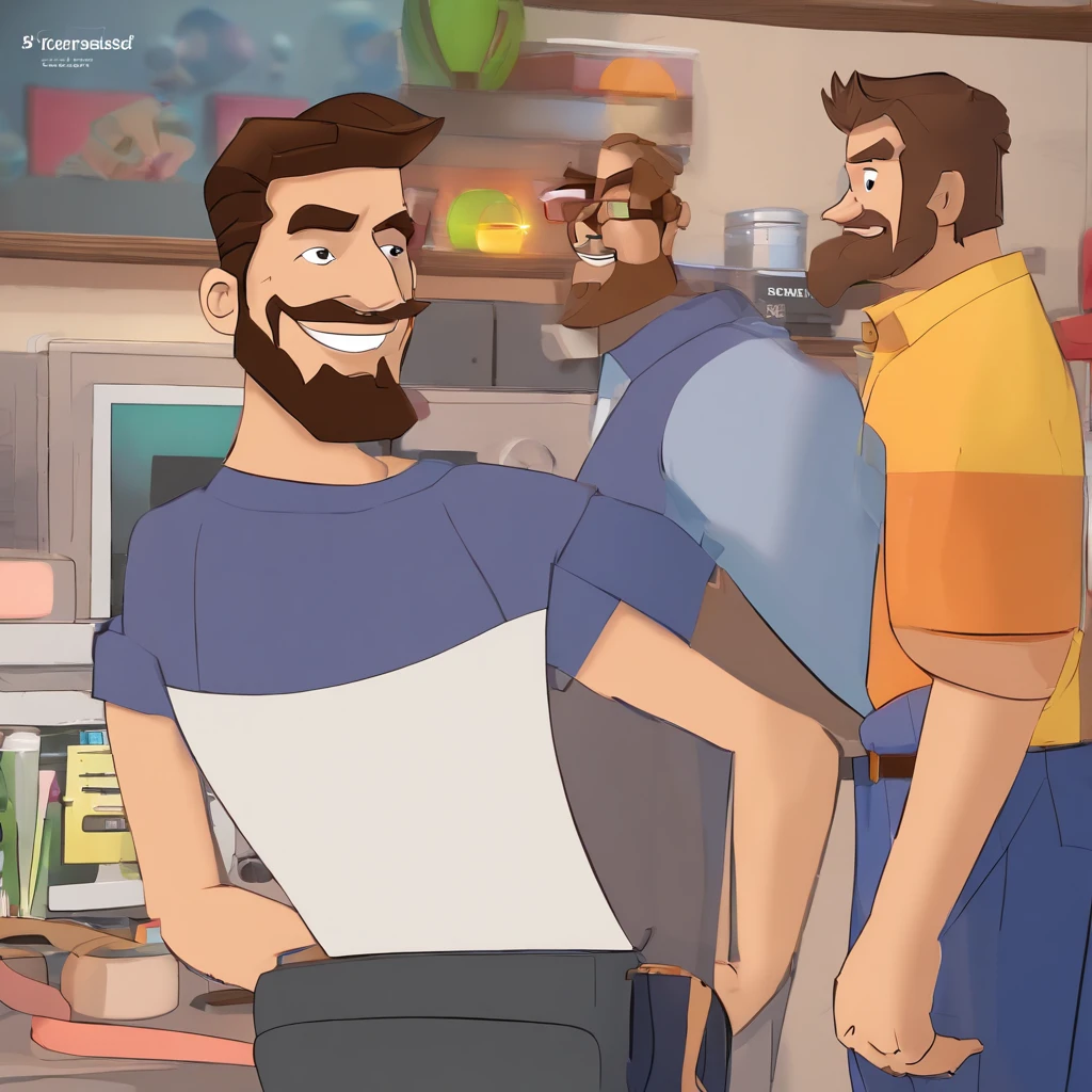 Criar um personagem no estilo Pixar. Trata-se de um homem de 30 anos, com barba, Branco, com cabelos castanhos curtos e um quiff, e olhos castanhos. Ele deve estar na frente de um computador, Trabalhar como designer