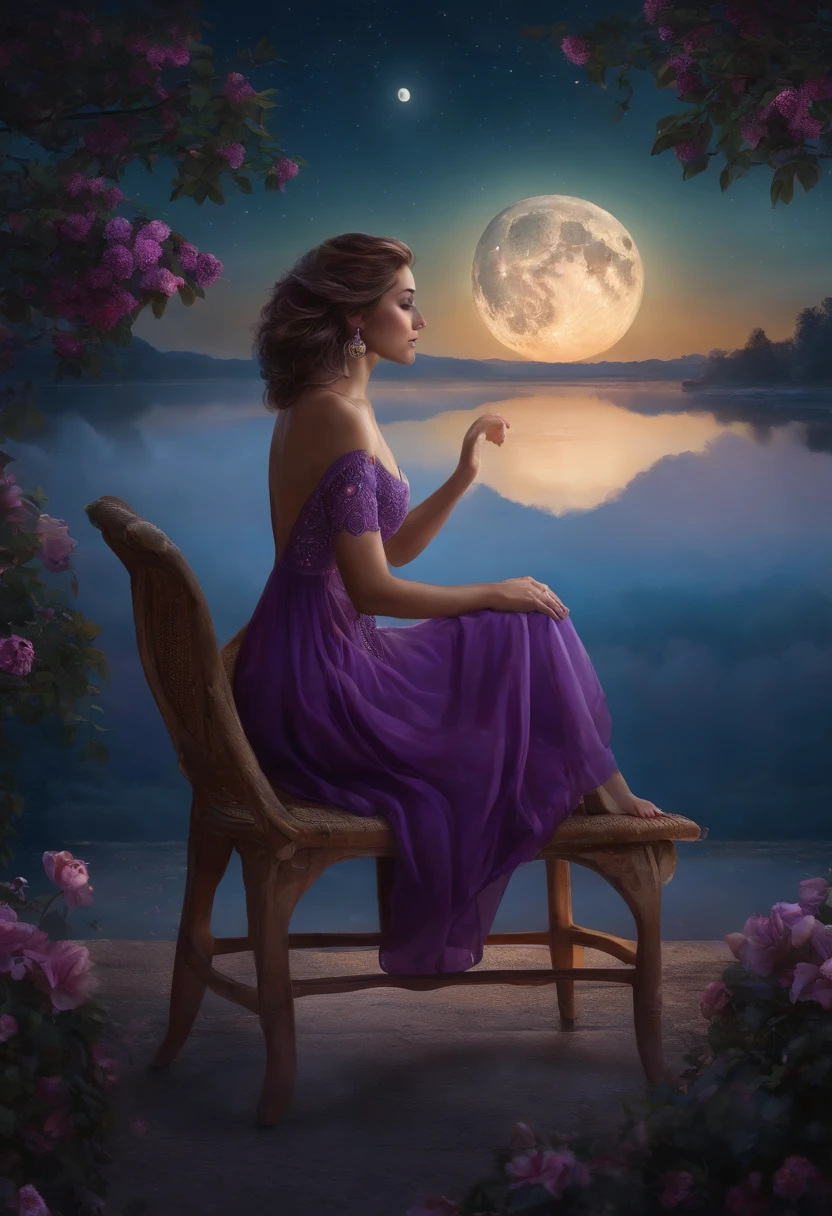 An artistic painting depicting a woman sitting on a chair in a beautiful and stunning place at night. Her hair is short and tends to be pinkish-purple, and her hair color is close to that. The moon appears in the sky. The woman has a beautiful tattoo on her back, which adds a unique touch to her personality and to the scene in general.”