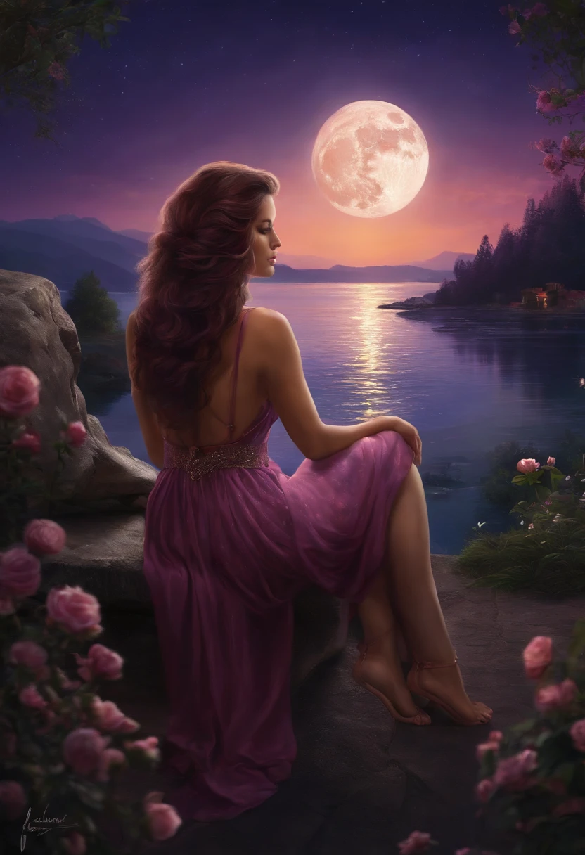 An artistic painting depicting a woman sitting on a chair in a beautiful and stunning place at night. Her hair is short and tends to be pinkish-purple, and her hair color is close to that. The moon appears in the sky. The woman has a beautiful tattoo on her back, which adds a unique touch to her personality and to the scene in general.”