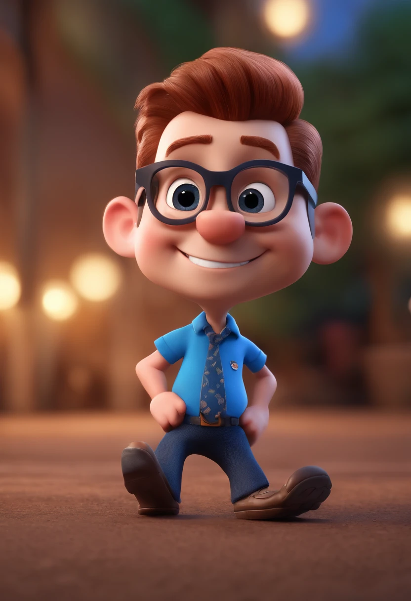 Cartoon character of a man with black glasses and a blue shirt, animation character, Caractere estilizado, animation style rendering, 3D estilizado, Arnold Maya render, 3 d render stylized, toon render keyshot, Personagem 3D, Personagem 3D, 3d rendering stylized, 3 d character render, personagem de desenho animado, Personagem de close up, Pose de personagem, (Estilo Pixar) (master part:1.2) (Bokeh) (best quality) (pele detalhada) (textura detalhada) (8k) (argila) (Cinematic lighting) (foco nítido